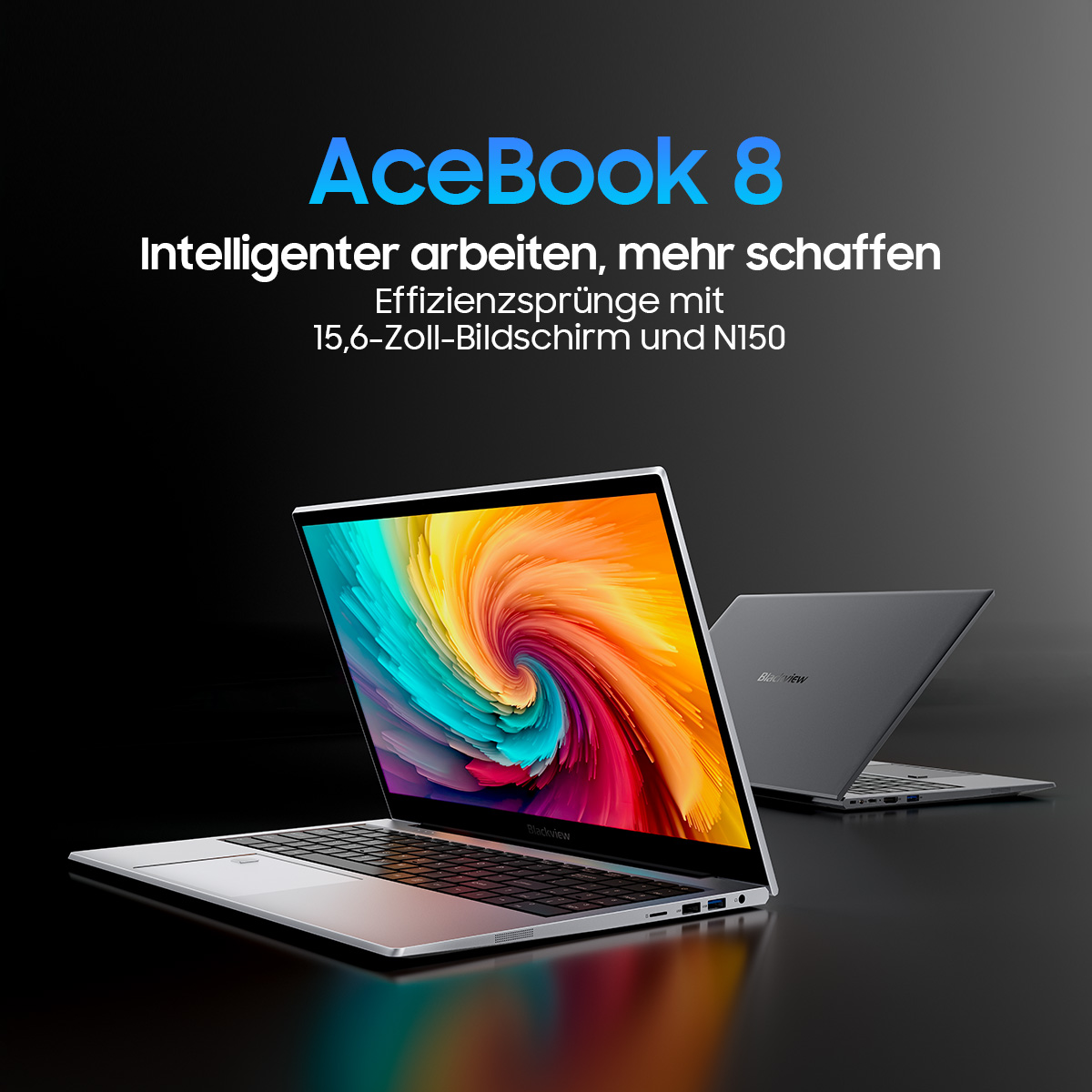 Zwei Blackview AceBook 8 Laptops auf einer reflektierenden Oberfläche. Einer ist offen und zeigt einen bunten Wirbel. Der Hintergrund ist schwarz.