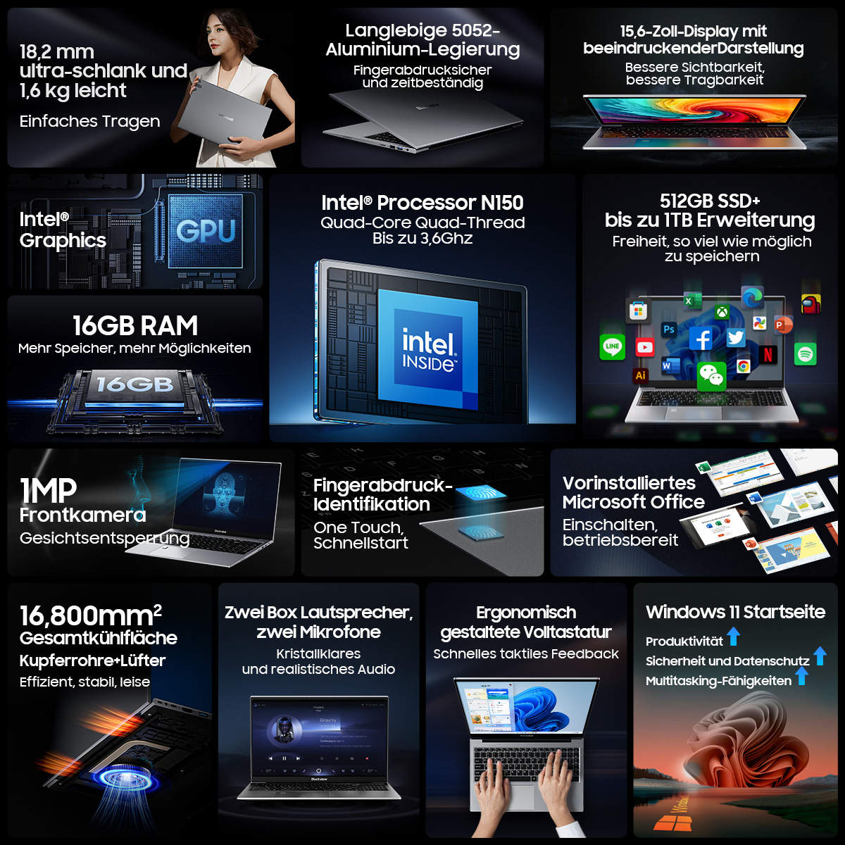 Laptop-Funktionen: Intel-Prozessor, 16 GB RAM, Fingerabdruck-ID, Windows 11 und Microsoft Office. Zeigt verschiedene Apps und Komponenten an.