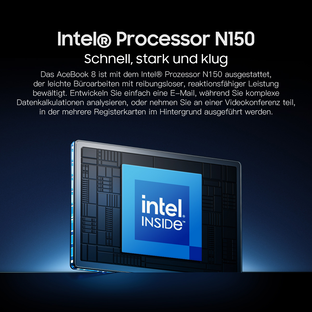 Das Bild zeigt einen Intel Prozessor N150 auf einem Laptop-Bildschirm. Das Intel-Logo befindet sich in einem blauen Quadrat.