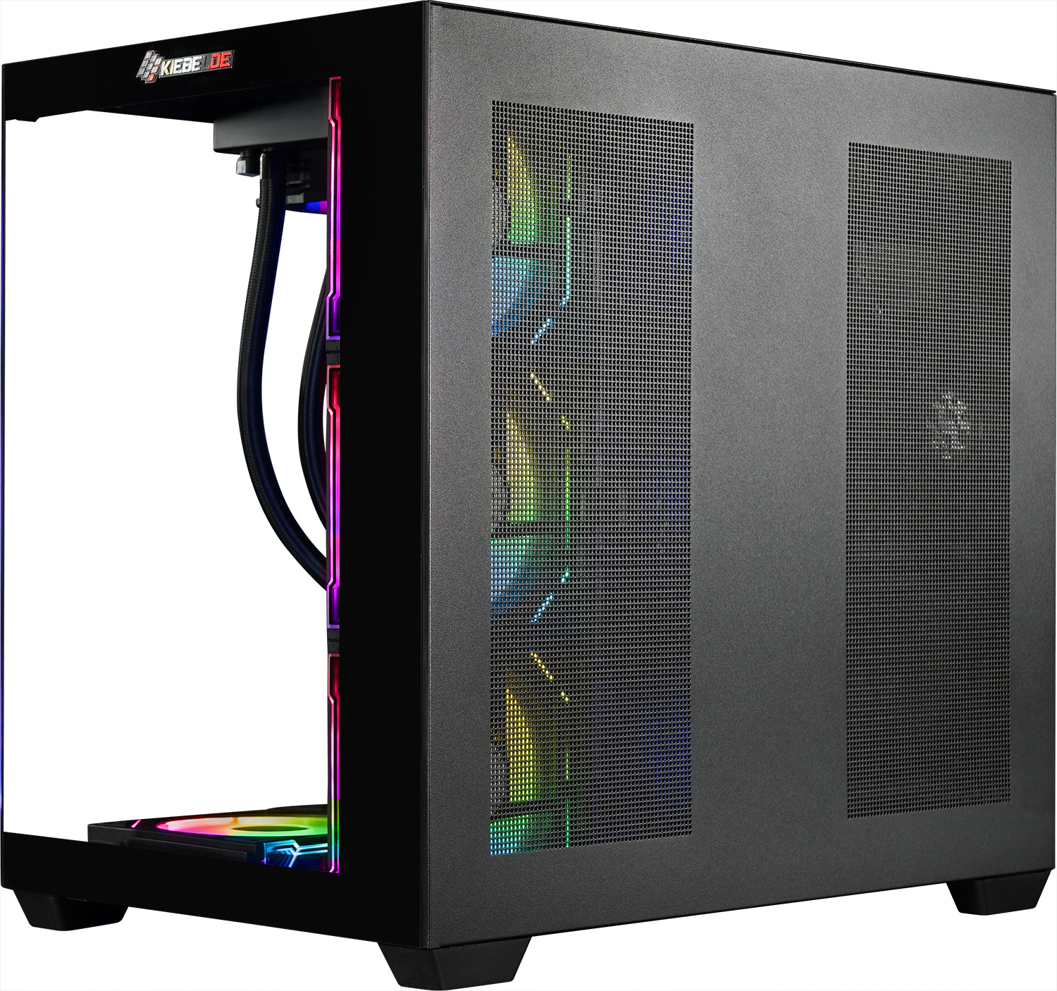 Ein schwarzes Computergehäuse mit einer Glasseitenwand. Es hat eine Mesh-Front und RGB-Beleuchtung. Das KIEBELDE-Logo befindet sich oben.