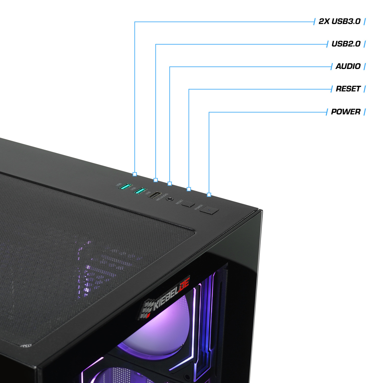 Schwarzes Computergehäuse mit USB-Anschlüssen, Audioanschlüssen, Reset- und Power-Tasten. Das Gehäuse hat ein Mesh-Top und einen sichtbaren Lüfter mit lila Licht.
