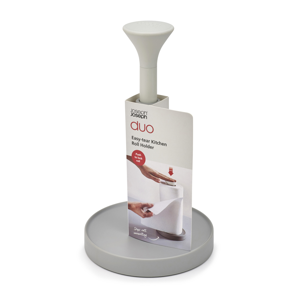 Un portarotolo da cucina grigio. Ha una parte superiore bianca e un rotolo di carta. Un'etichetta dice 'duo Easy-tear Kitchen Roll Holder'.