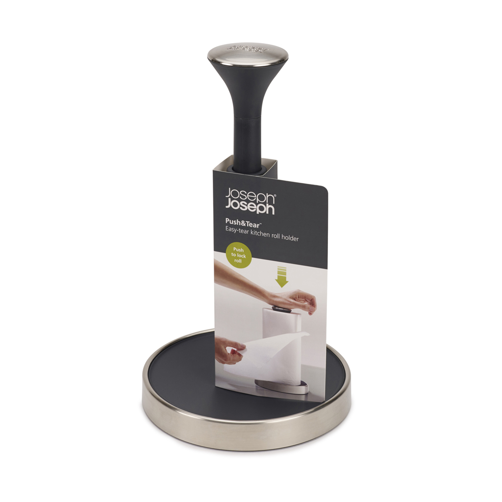 Un portarotolo da cucina con un design nero e argento. Ha una funzione push and tear e un'etichetta con le istruzioni.