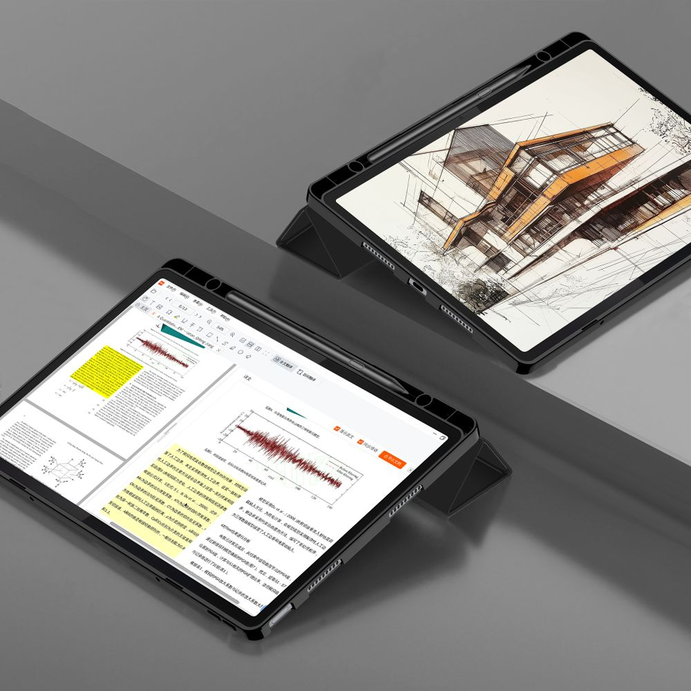 Zwei Tablets mit unterschiedlichen Bildschirmen liegen auf einer grauen Oberfläche. Eines zeigt ein Dokument mit Text und Diagramm.