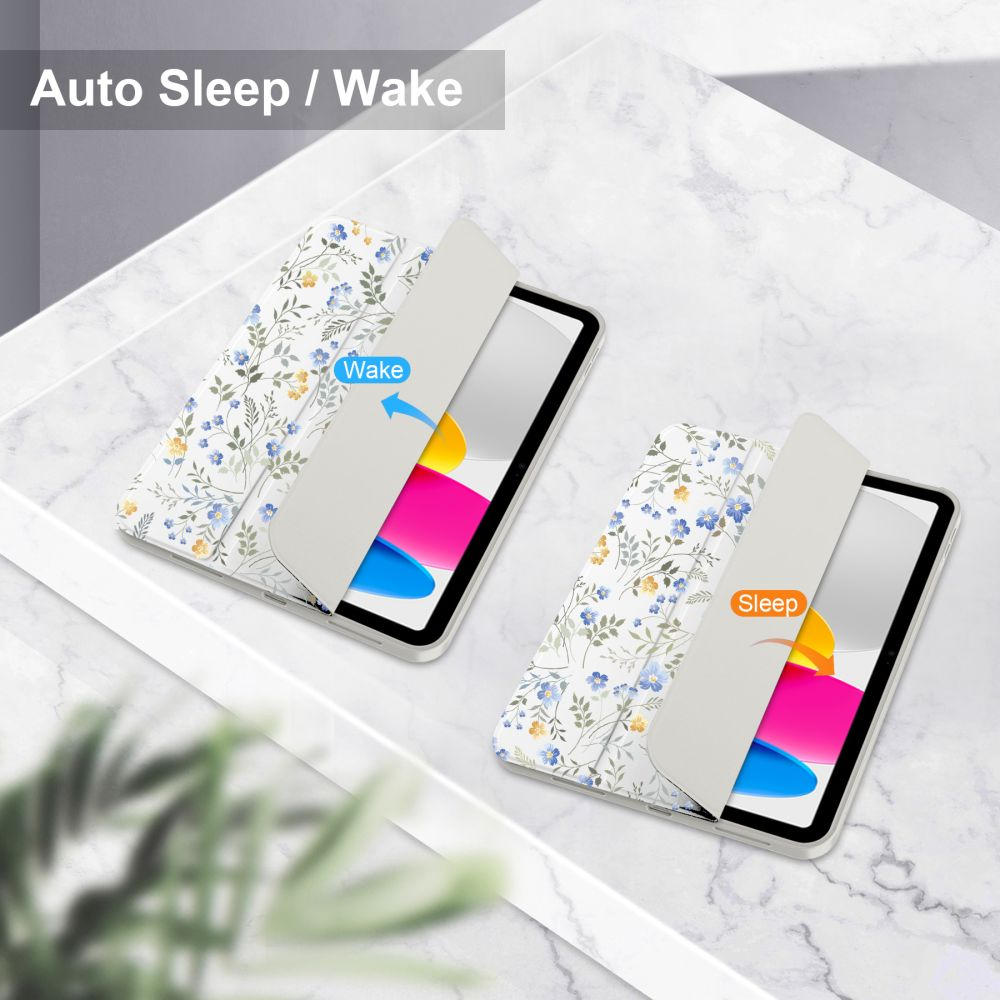 Zwei Tablets mit floral gemusterten Hüllen. Eines zeigt 'Wake', das andere 'Sleep'. Der Hintergrund ist eine Marmoroberfläche.