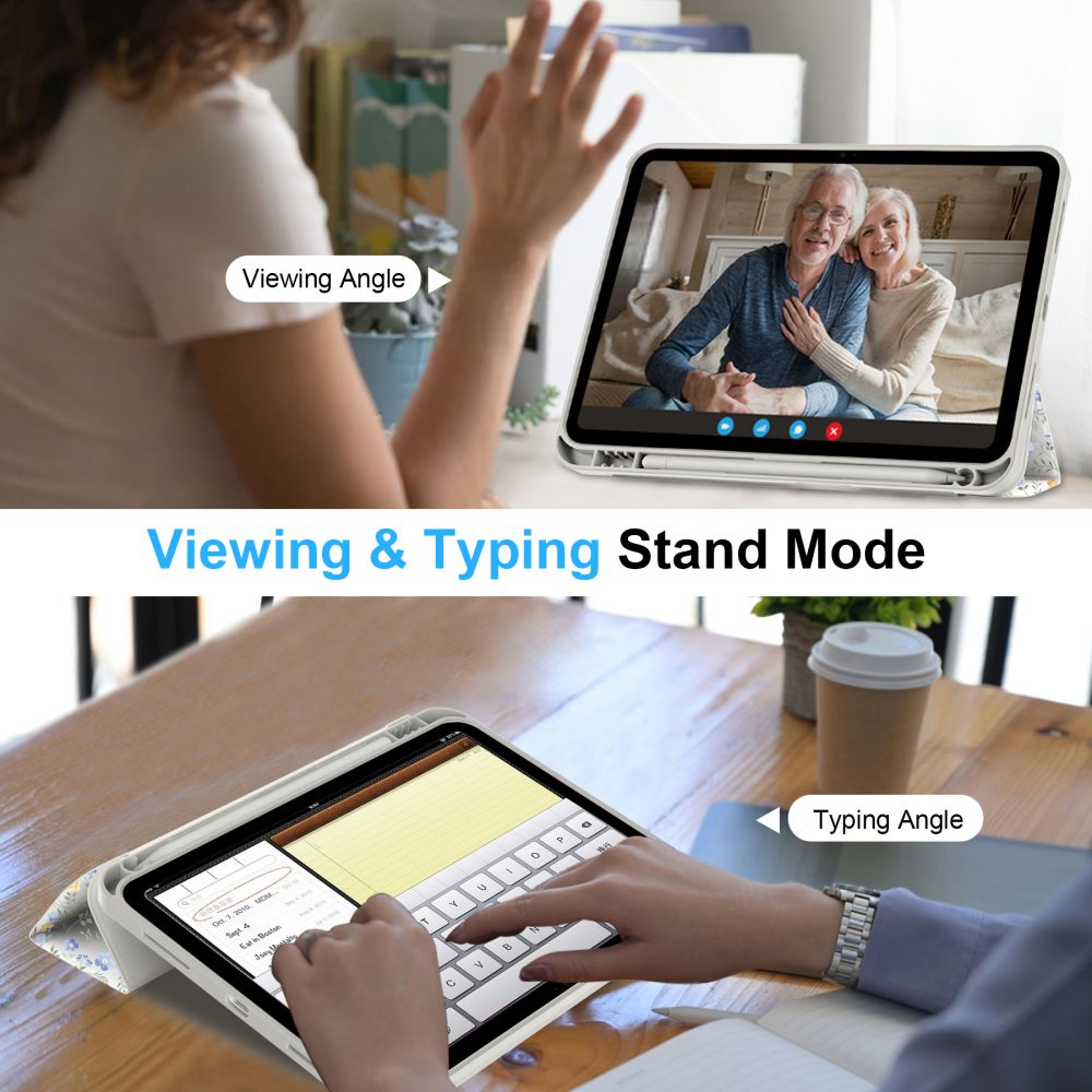 Ein iPad im Ansichts- und Tippständer-Modus. Der Bildschirm zeigt einen Videoanruf. Hände sind in der Nähe des iPads. Eine Hand tippt, die andere zeigt.