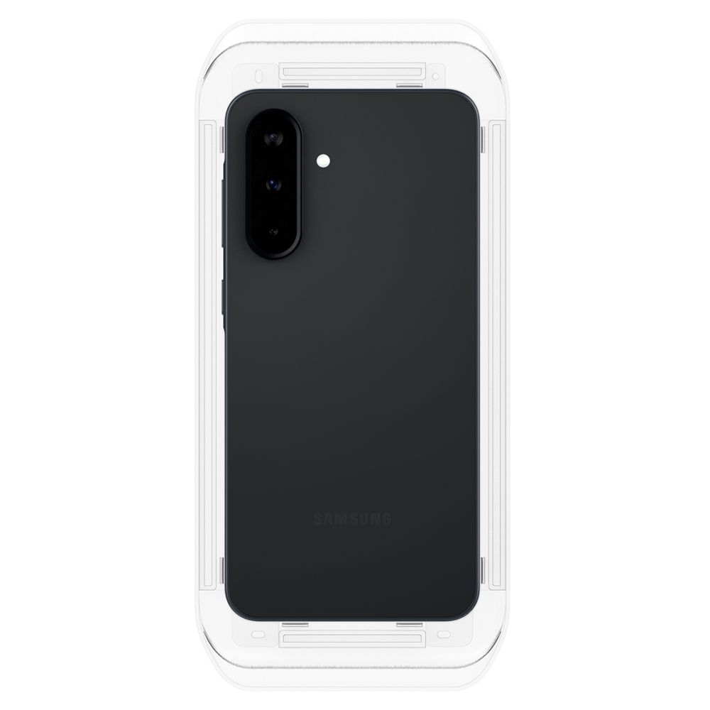 Een zwarte Samsung telefoon in een doorzichtige hoes. De telefoon heeft een camera linksboven. Het Samsung logo is zichtbaar.