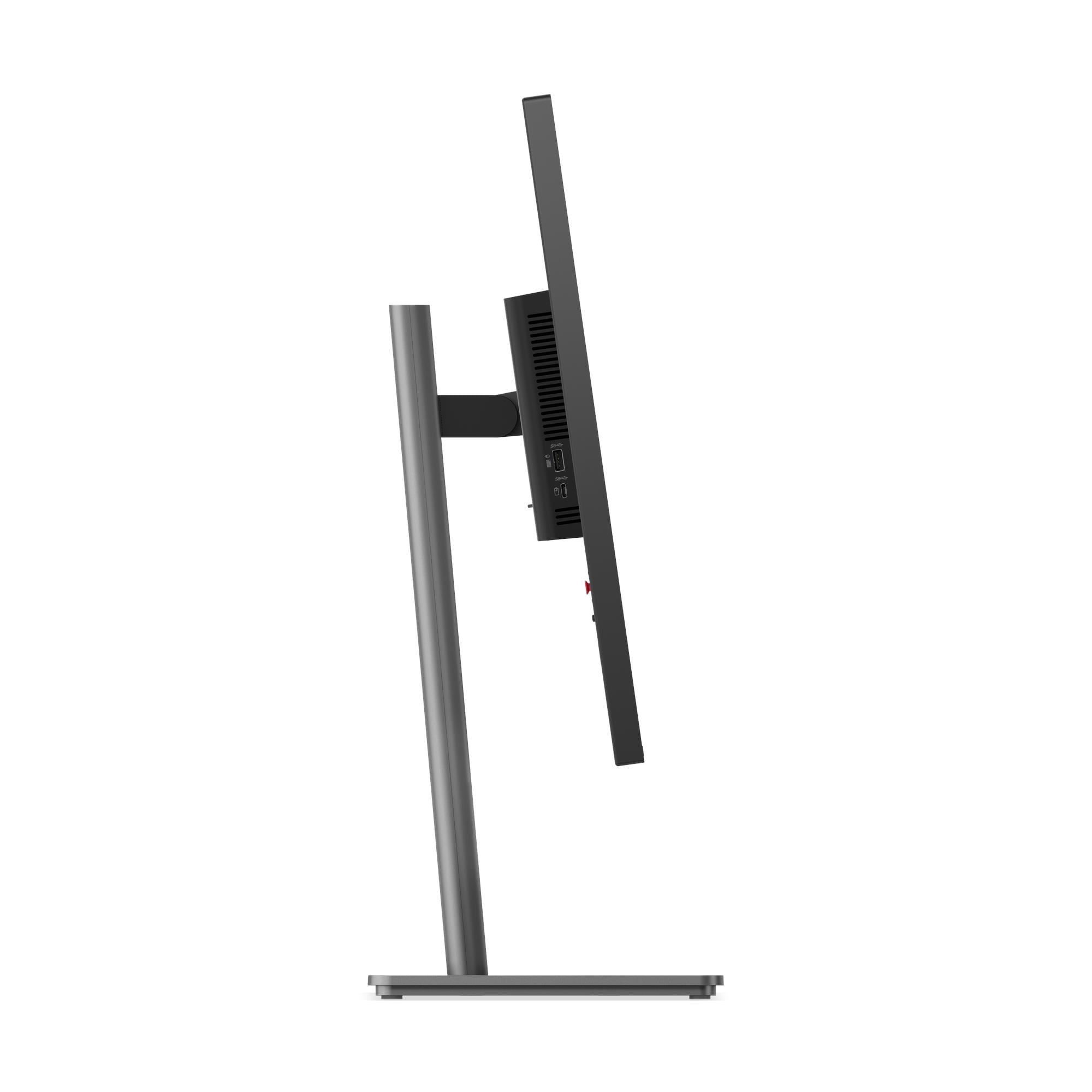 Een zijaanzicht van een computermonitor op een standaard. De monitor is zwart met een zilveren standaard en voet. Witte achtergrond.