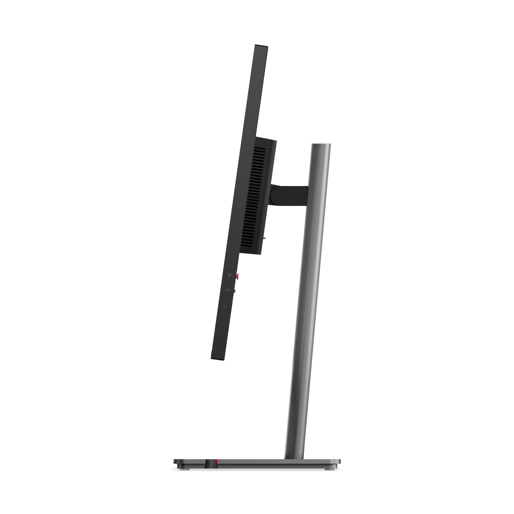 Zijaanzicht van een zwarte computermonitor op een grijze standaard, tegen een witte achtergrond. De monitor is gekanteld.