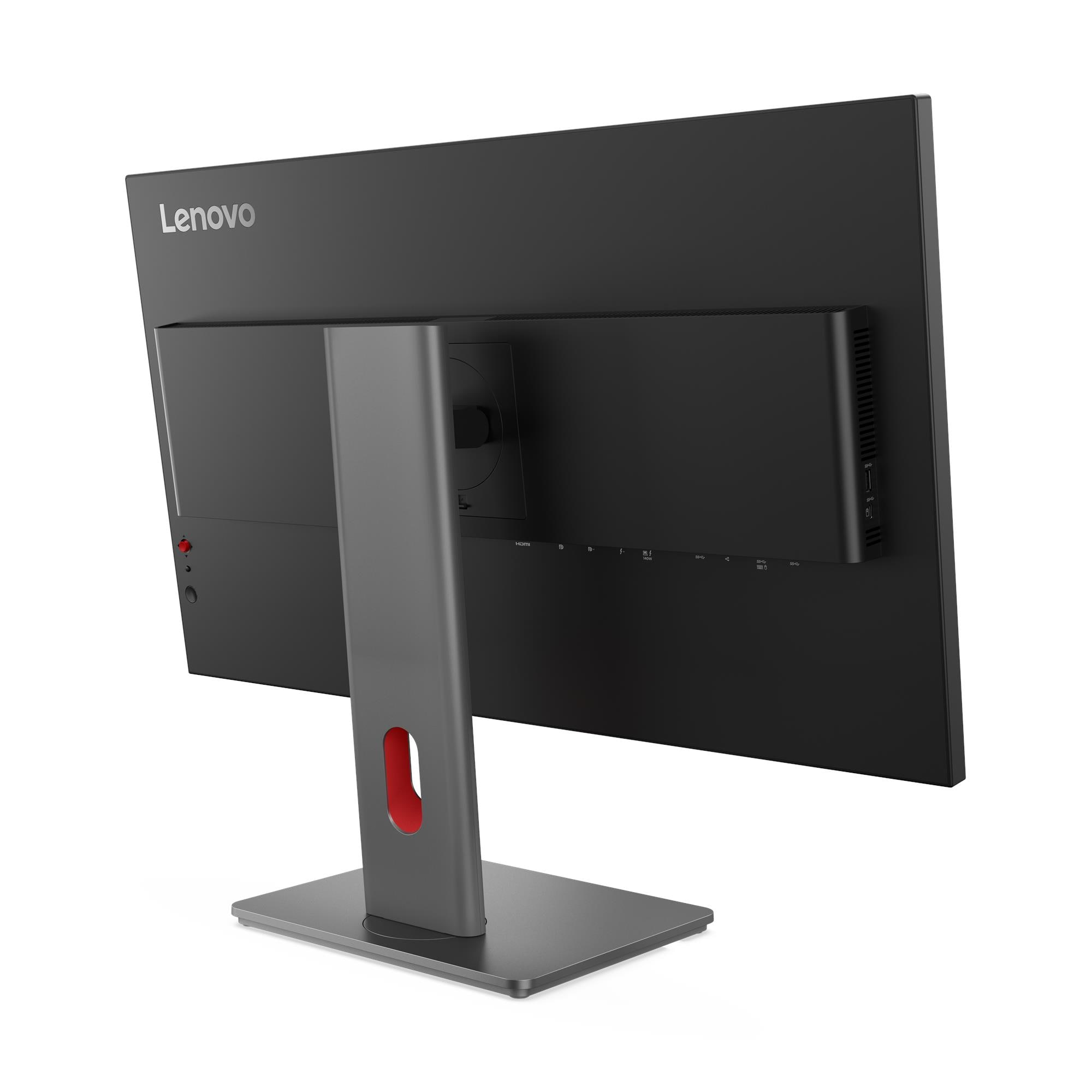 Een Lenovo-monitor, zwart scherm, grijze standaard met een rode accentkleur en Lenovo-logo. De achterkant toont poorten.