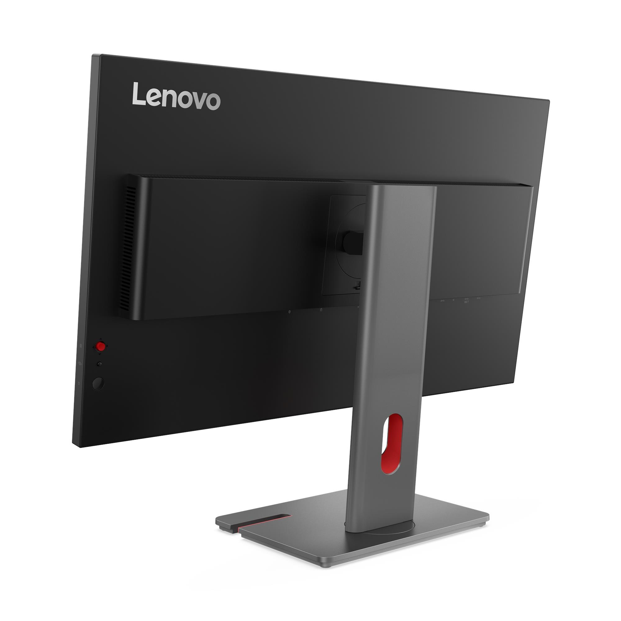De achterkant van een Lenovo-monitor. Het heeft een zwart scherm, een grijze standaard met een rode accent en het Lenovo-logo.