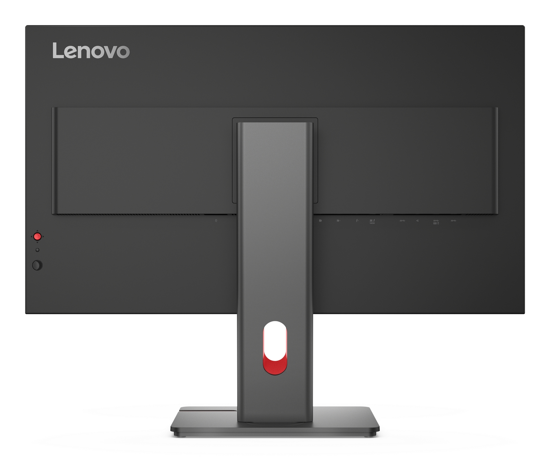 Achterkant van een Lenovo-monitor. De monitor is zwart, met een standaard. De merknaam is zichtbaar. Het heeft een aan/uit-knop.
