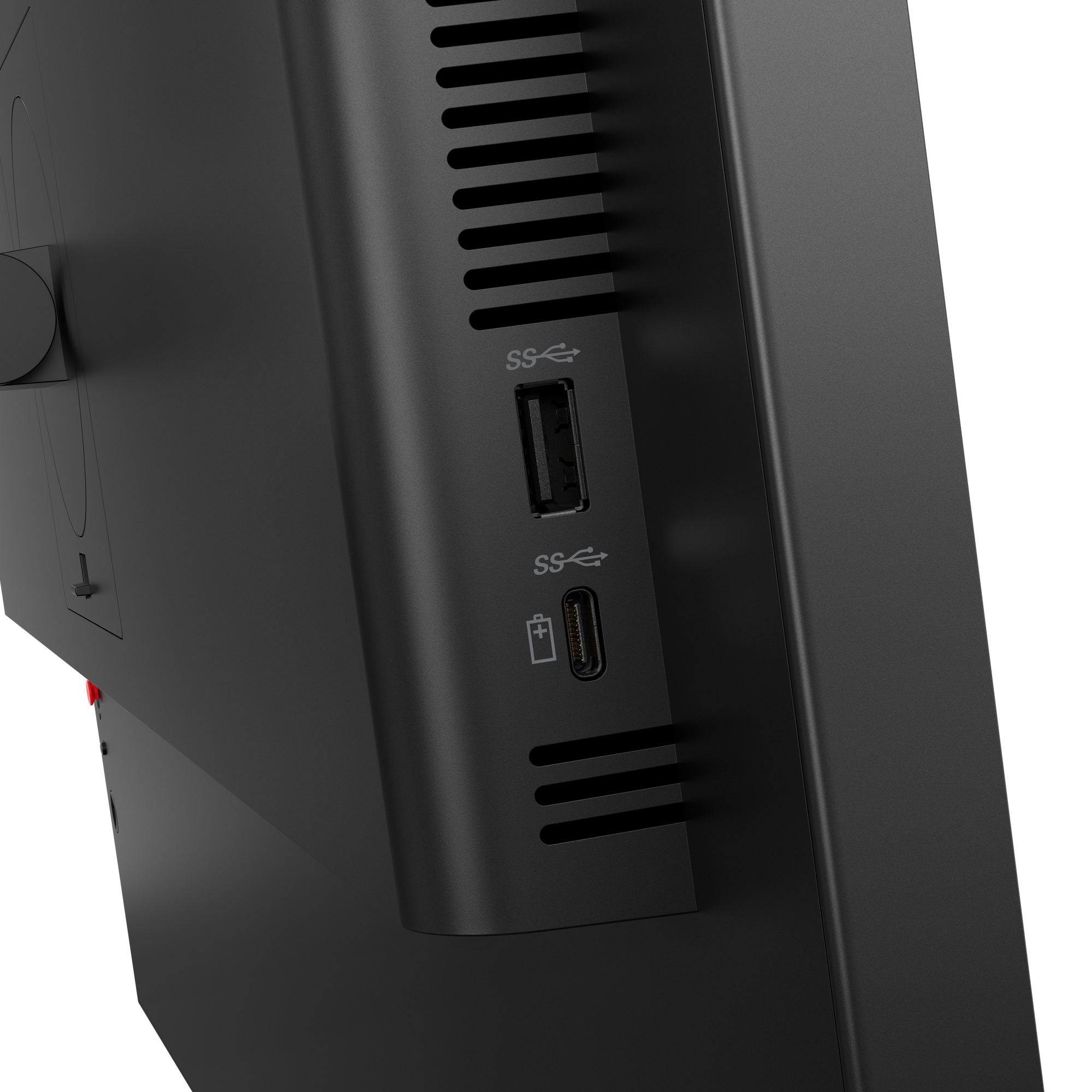 Close-up van een zwart apparaat met USB- en oplaadpoorten. Ventilatiesleuven zijn zichtbaar.