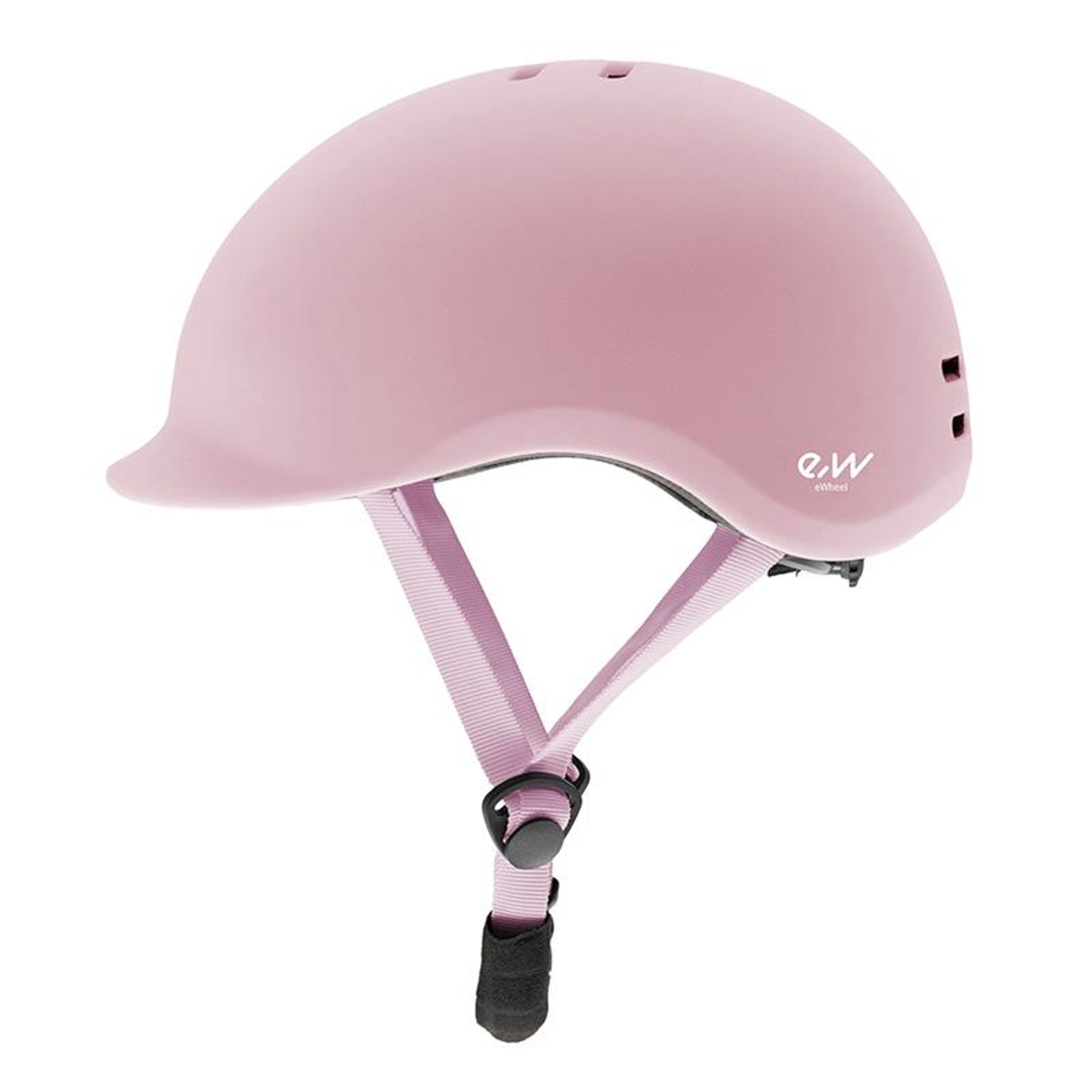 Un casco de bicicleta rosa con correas y hebilla en la barbilla. Tiene el logo eWheel.