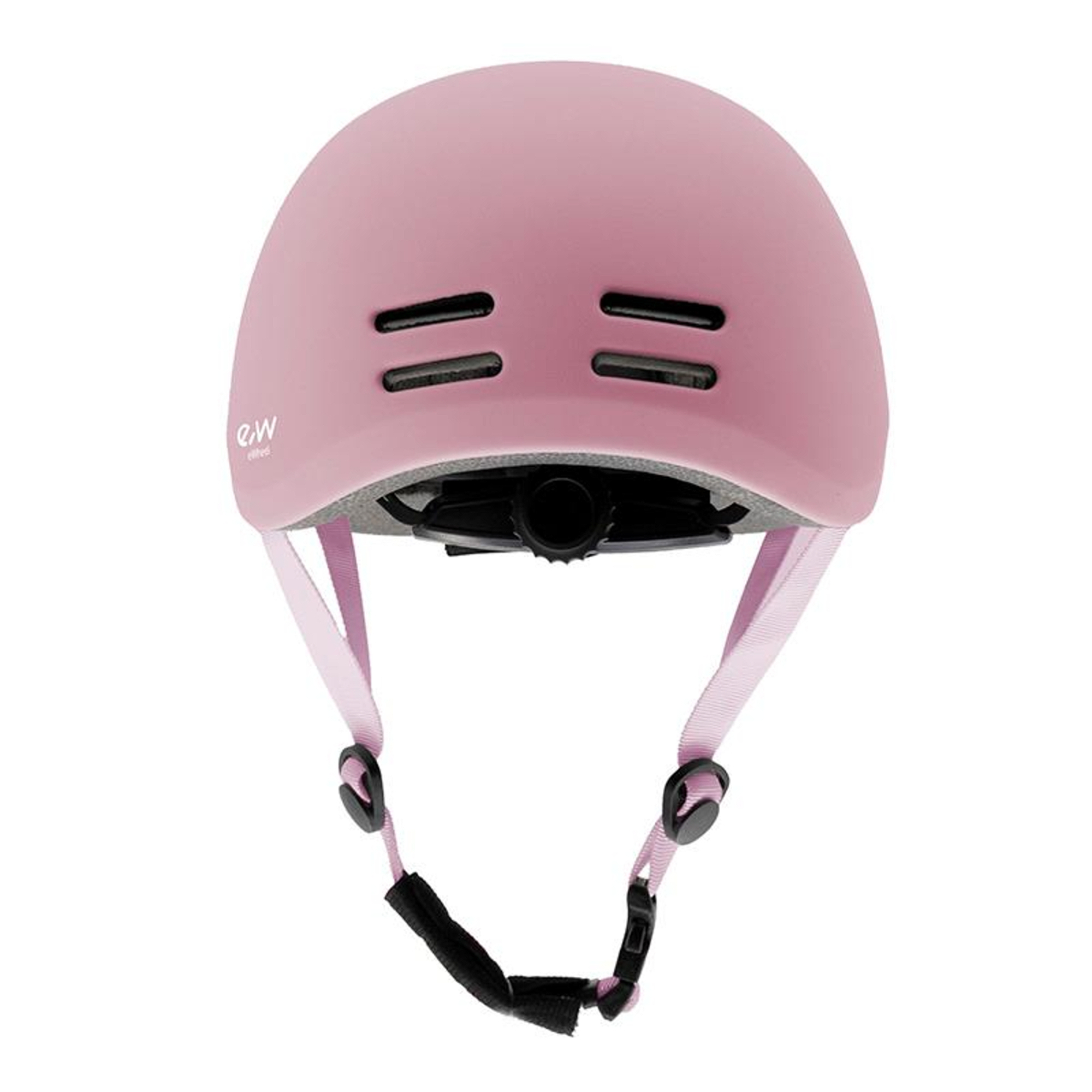 Un casco rosa con ventilación y correas negras, diseñado para seguridad, sobre un fondo blanco.