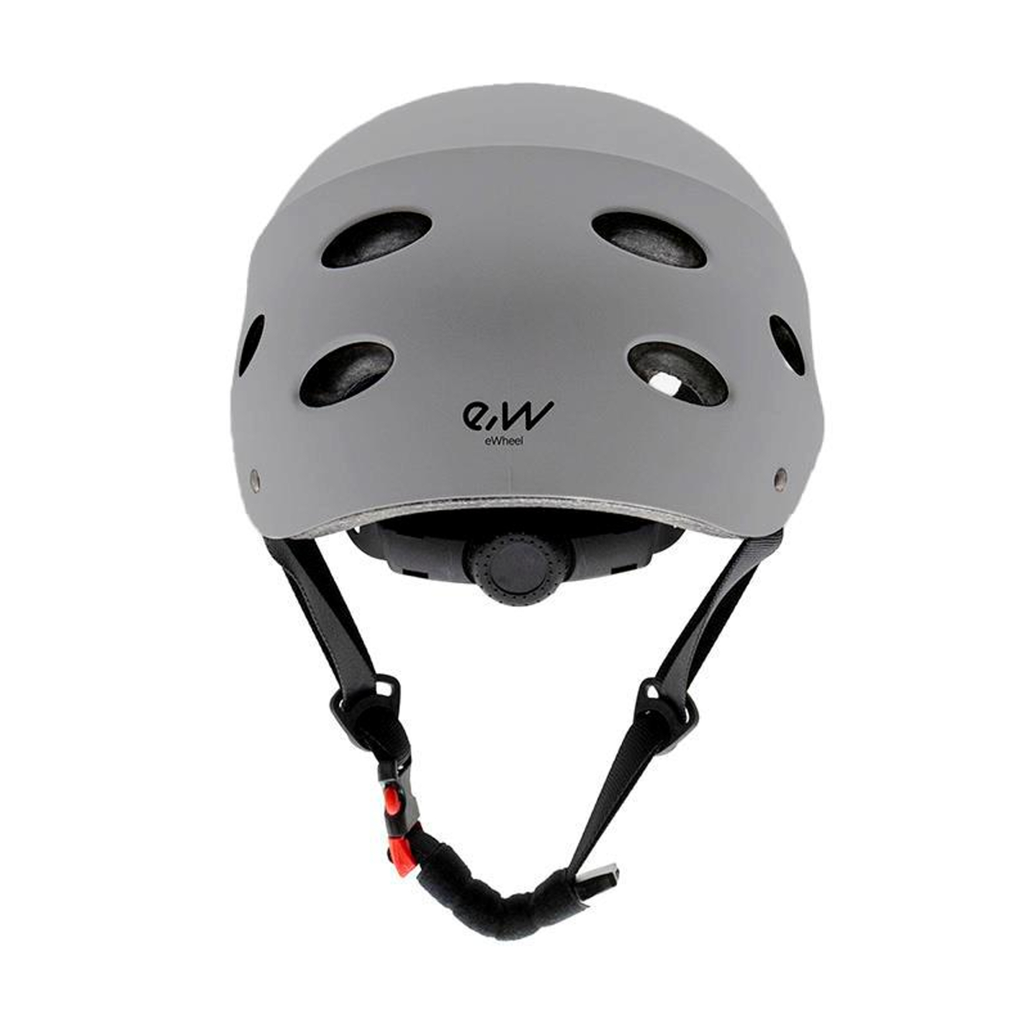 Un casco eWheel gris con ventilación. Se ven correas negras y una hebilla roja.