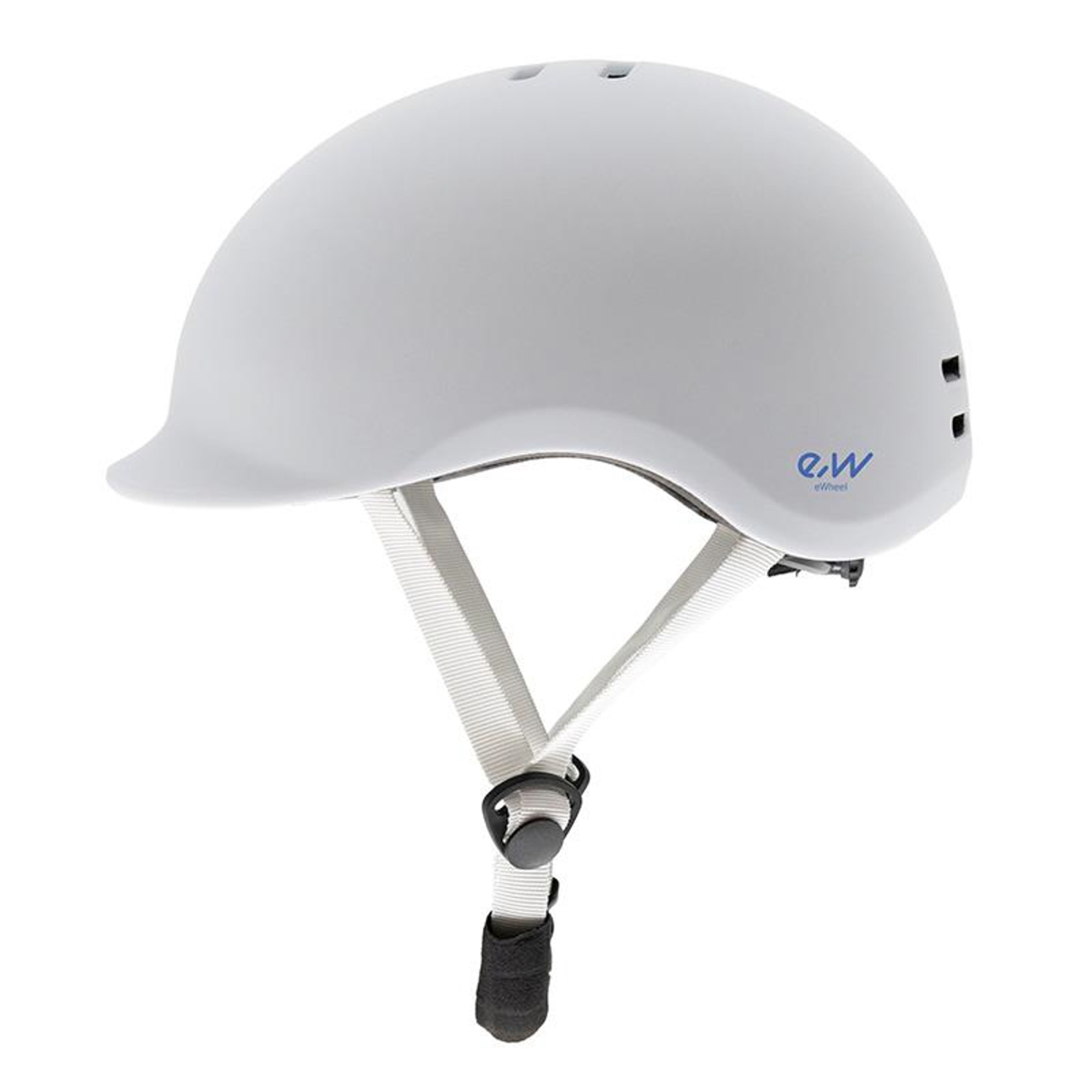Un casco de bicicleta blanco con correas, la marca es e.w ewheel, sobre un fondo blanco.