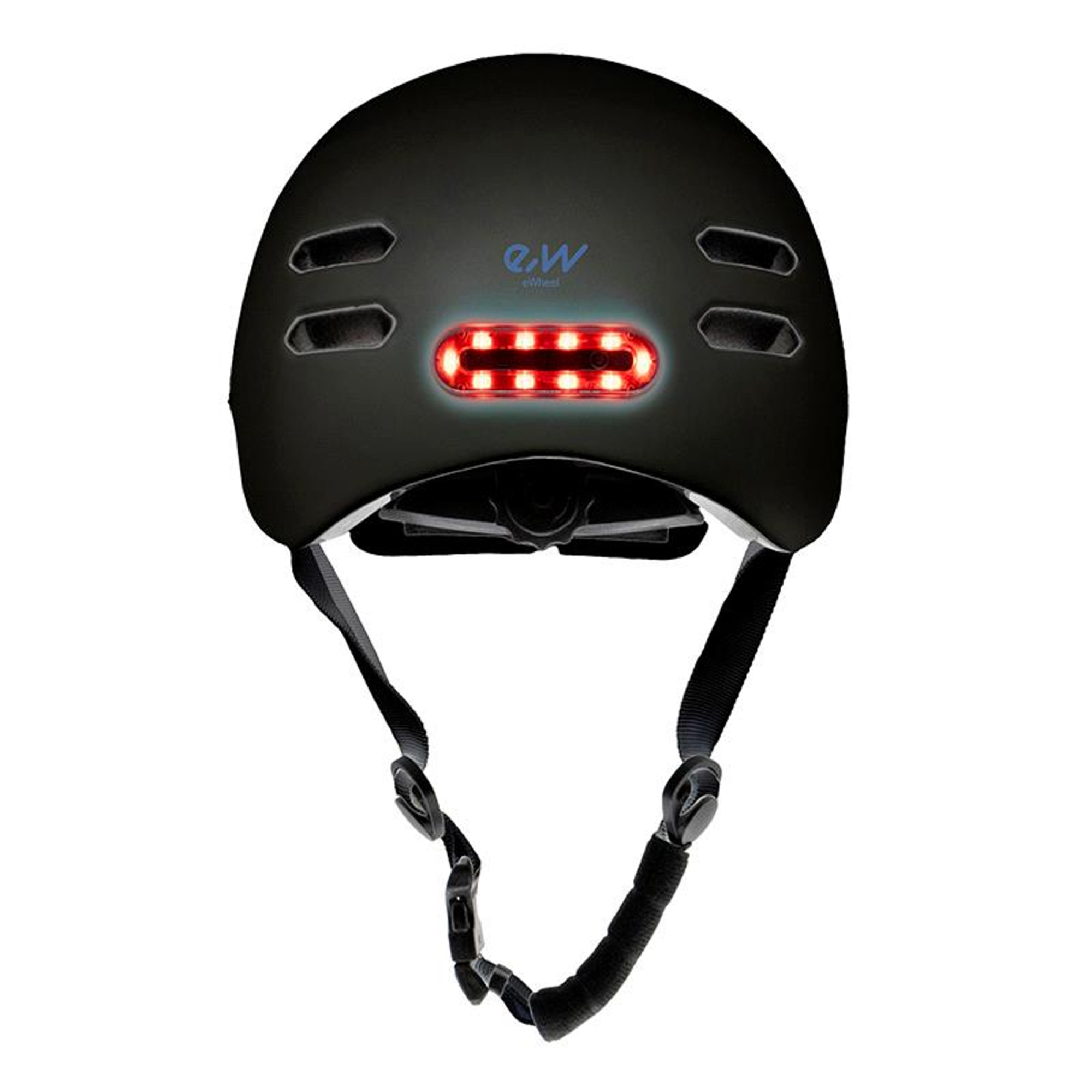 Casco negro con luces rojas, logo e-wheel. Se ven correas con hebillas. Ventilas en los laterales del casco.