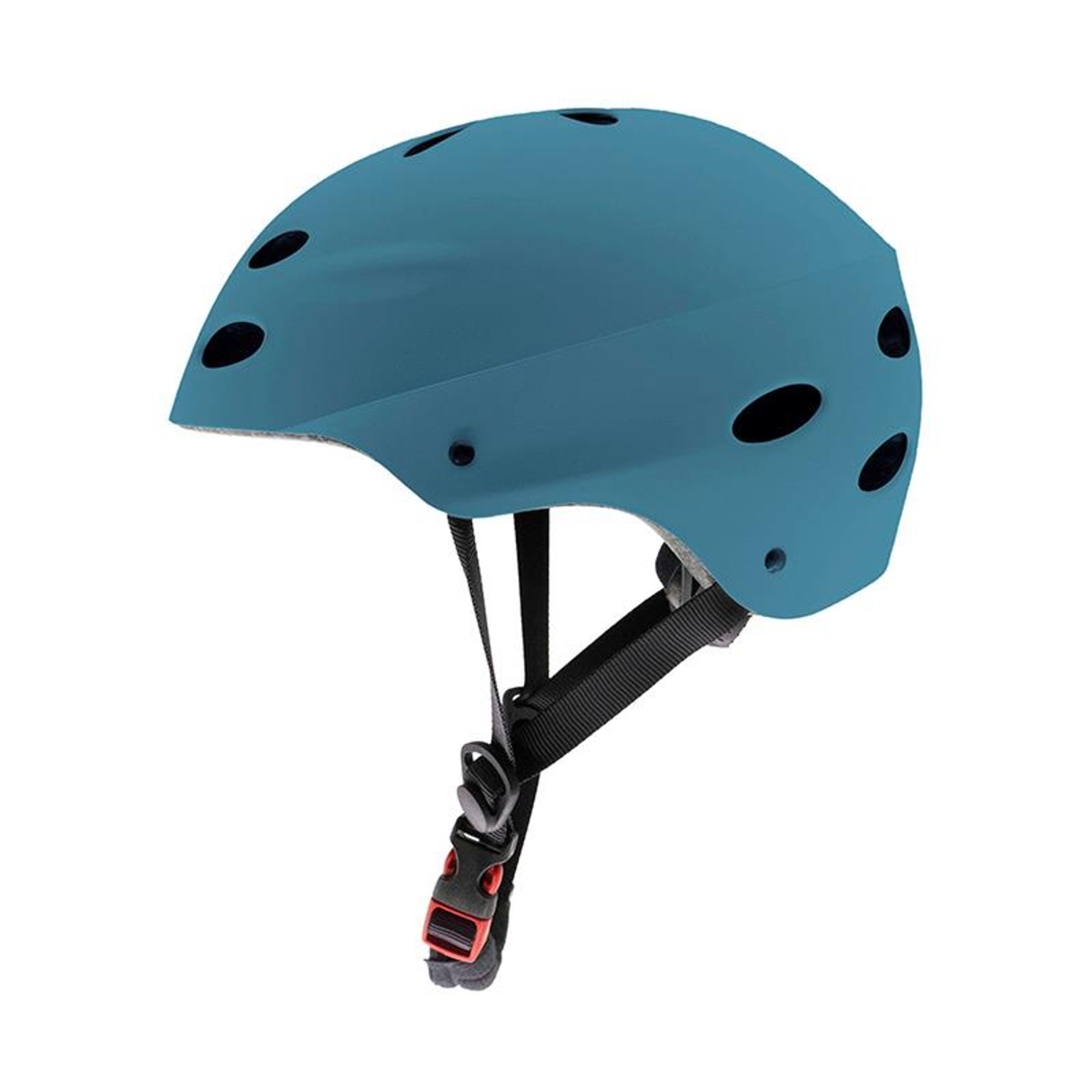 Un casco color turquesa con correas negras y una hebilla roja. Tiene múltiples ventilaciones. El fondo es blanco.