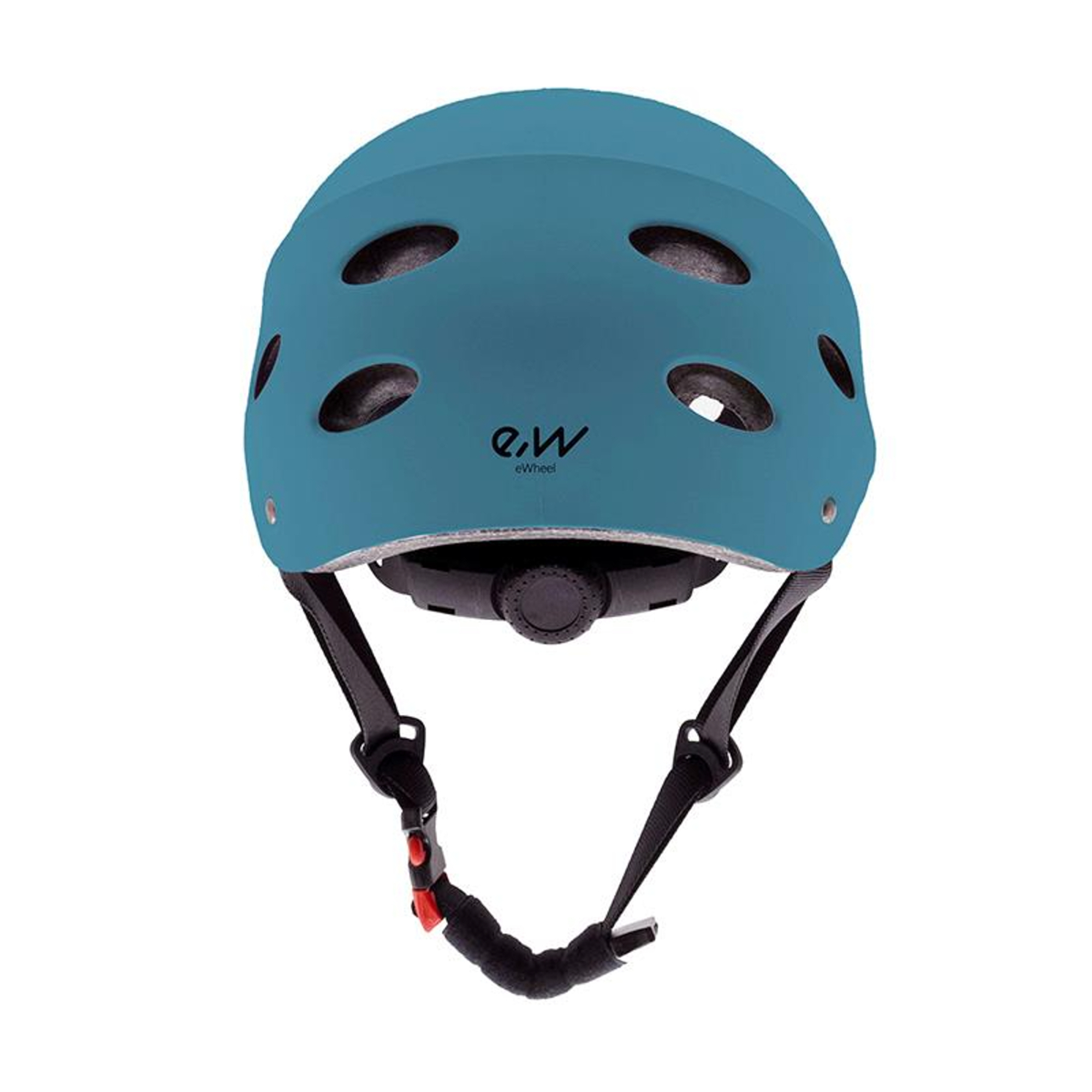 Casco turquesa con ventilaciones y correas, correas negras y hebilla roja. Logotipo e.W en la parte delantera.