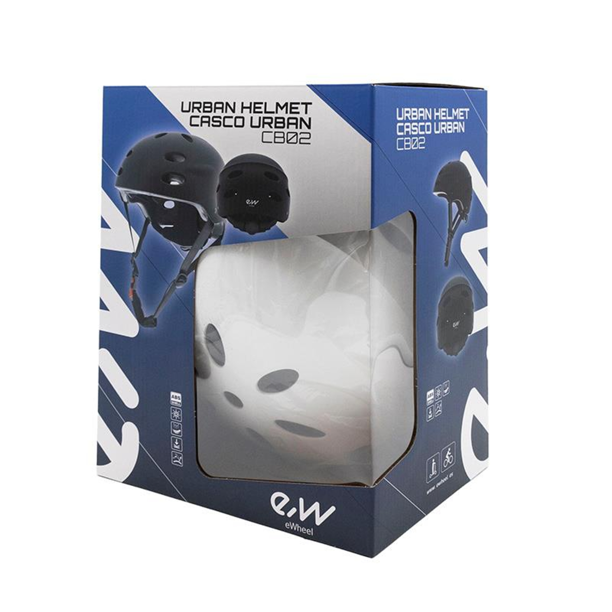 Casco urbano negro y blanco en caja. La caja tiene texto, imágenes del casco y el logotipo de eWheel.