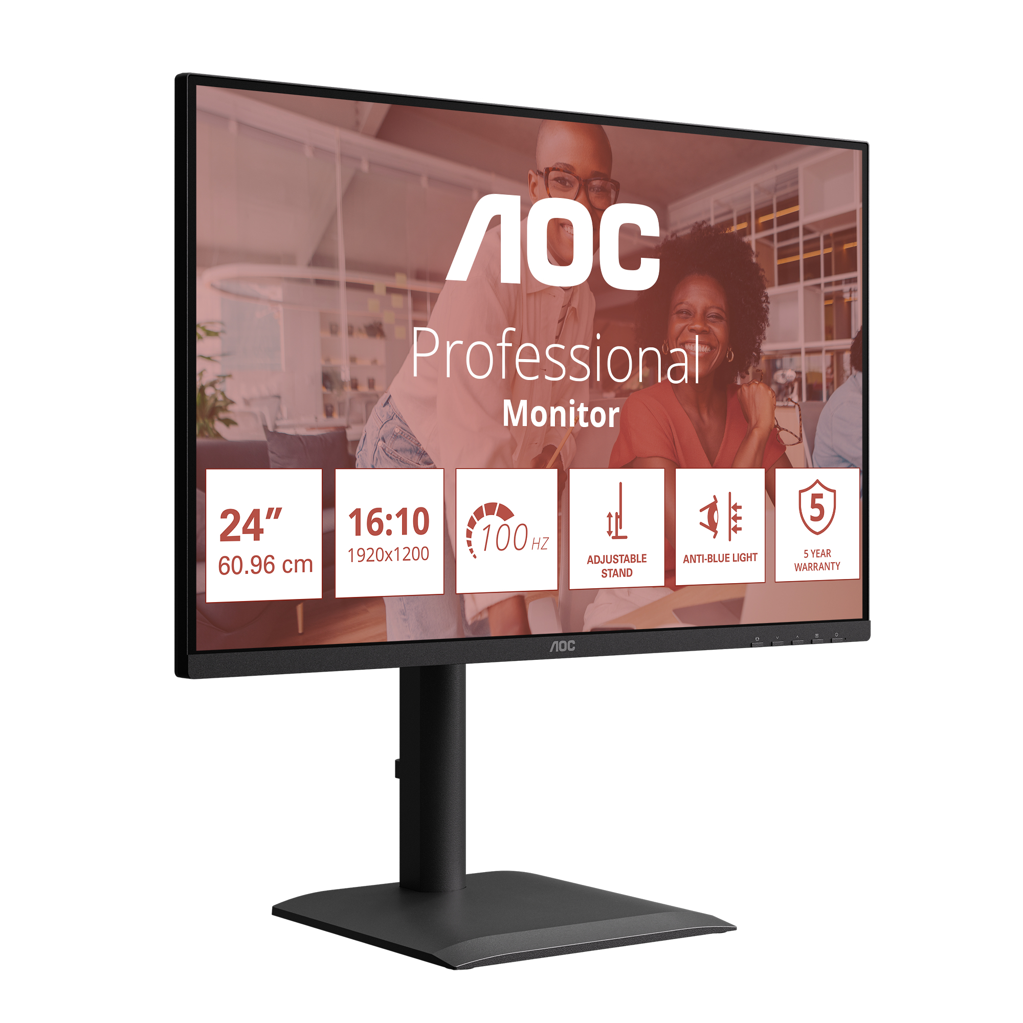 Monitor AOC Professional. Ha una cornice nera, un supporto nero e visualizza le specifiche sullo schermo.