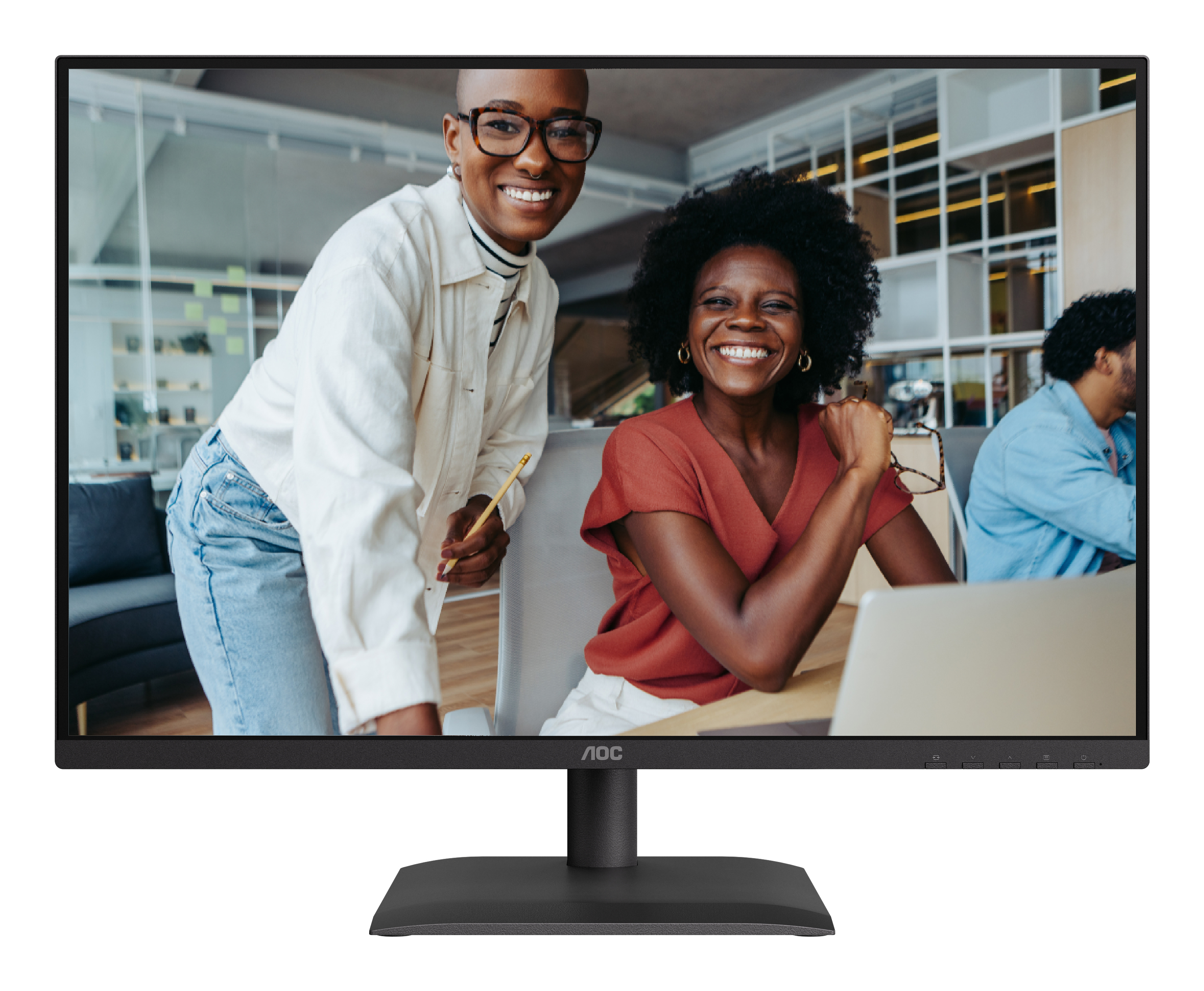 Due donne sorridenti in un ufficio. Una tiene una matita, l'altra è seduta a un laptop. Monitor AOC.