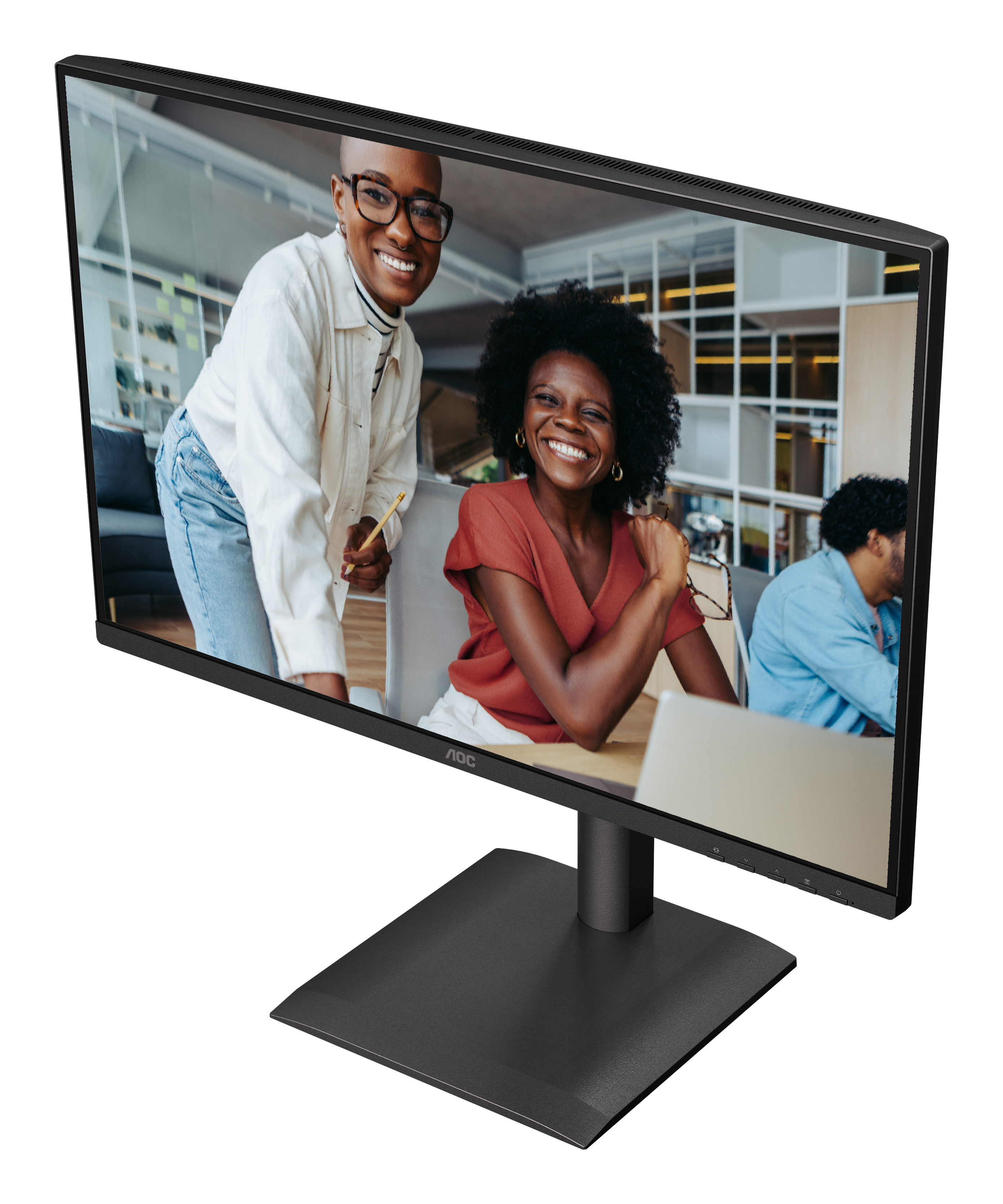 Un monitor di computer mostra tre persone sorridenti. Il monitor è su un supporto nero. La cornice è nera.