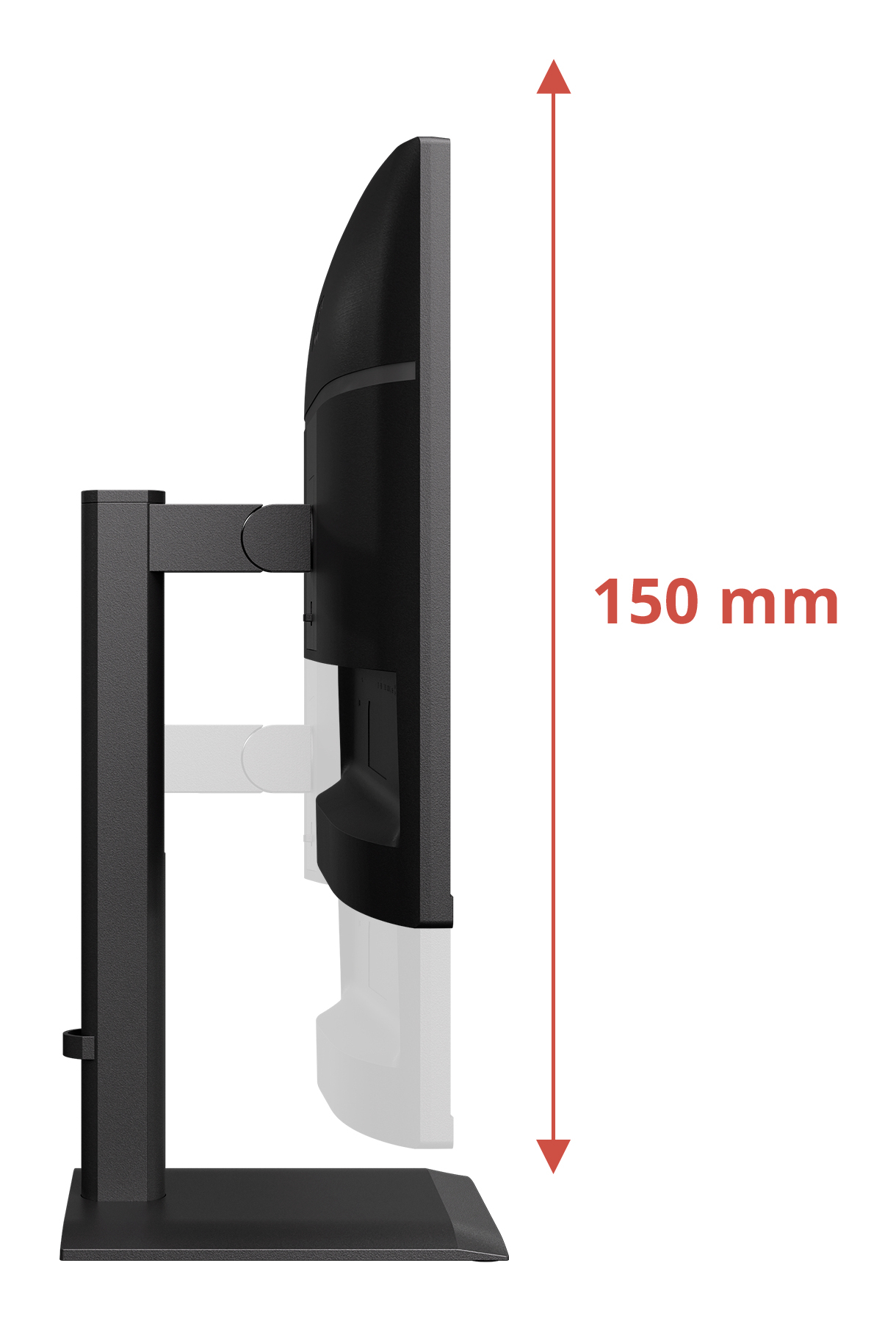 Vista laterale di un monitor nero con una freccia rossa che indica un'altezza di 150 mm su sfondo bianco.