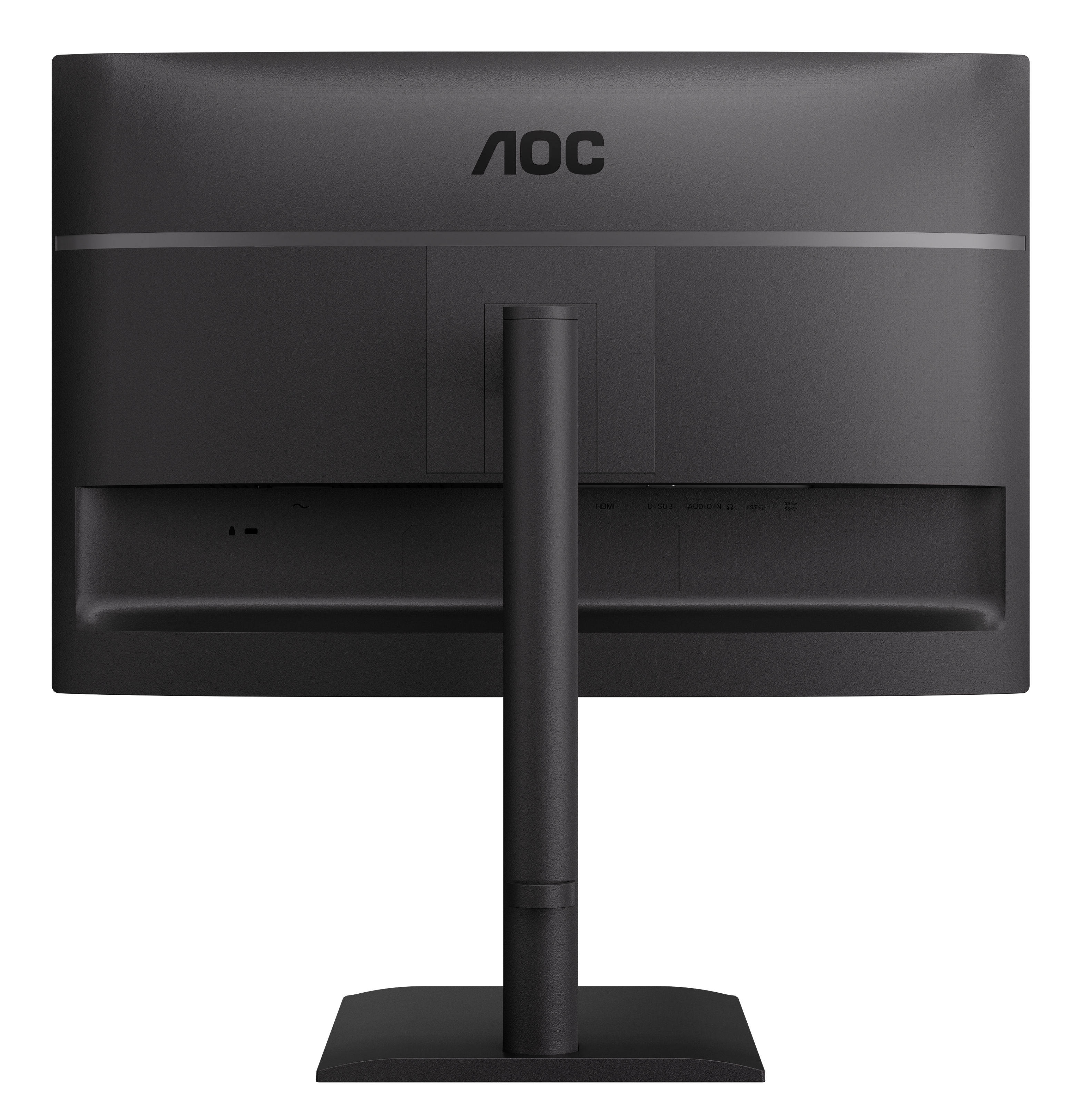 Vista posteriore di un monitor per computer nero. Il logo AOC è visibile. Le porte sono etichettate in basso. Ha un supporto.