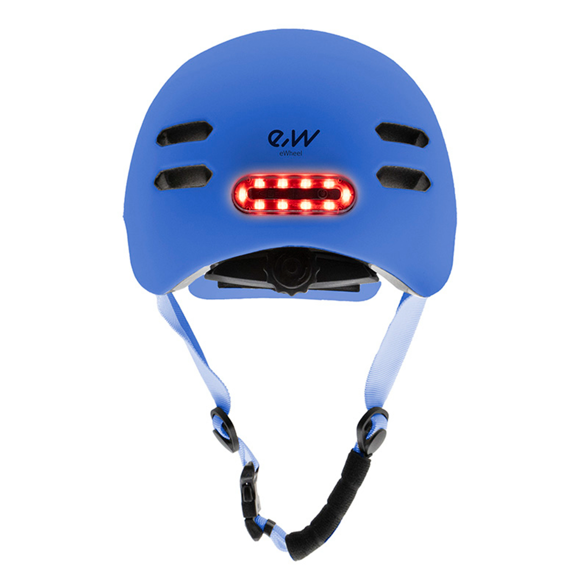 Casco de bicicleta azul con luz roja, correa negra y el logotipo eWheel.