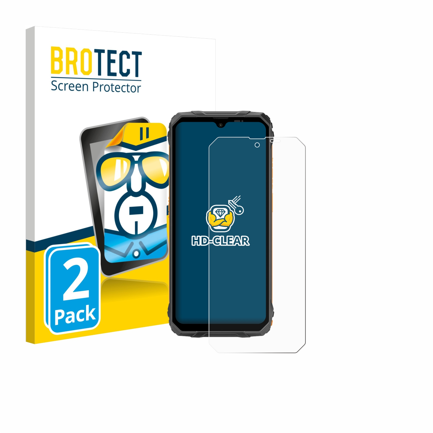 Ein Telefon und ein Displayschutz sind abgebildet. Die Box zeigt eine Telefonillustration, den Schutz und die Marke "BROTECT".