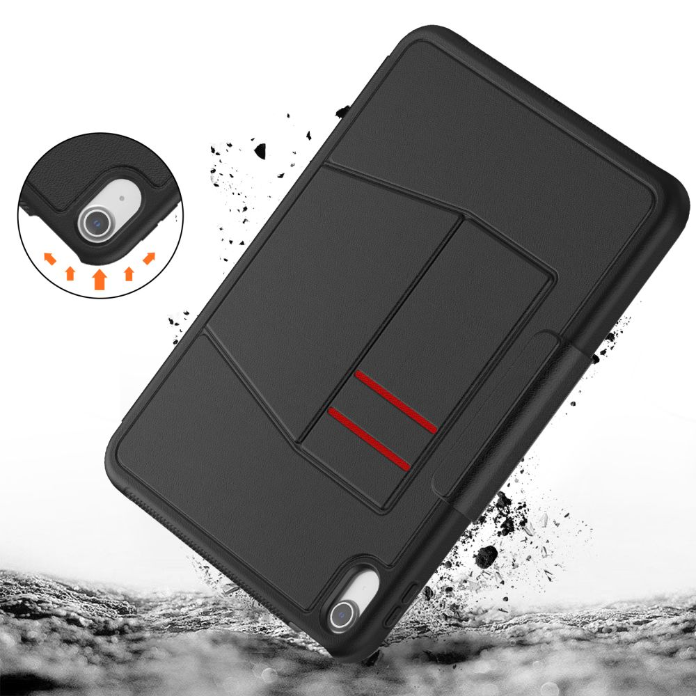 Schwarze Tablet-Hülle mit roten Streifen. Ein kreisförmiger Einsatz zeigt Kameradetails und Aufprallpfeile. Trümmer deuten auf einen Aufprall hin.