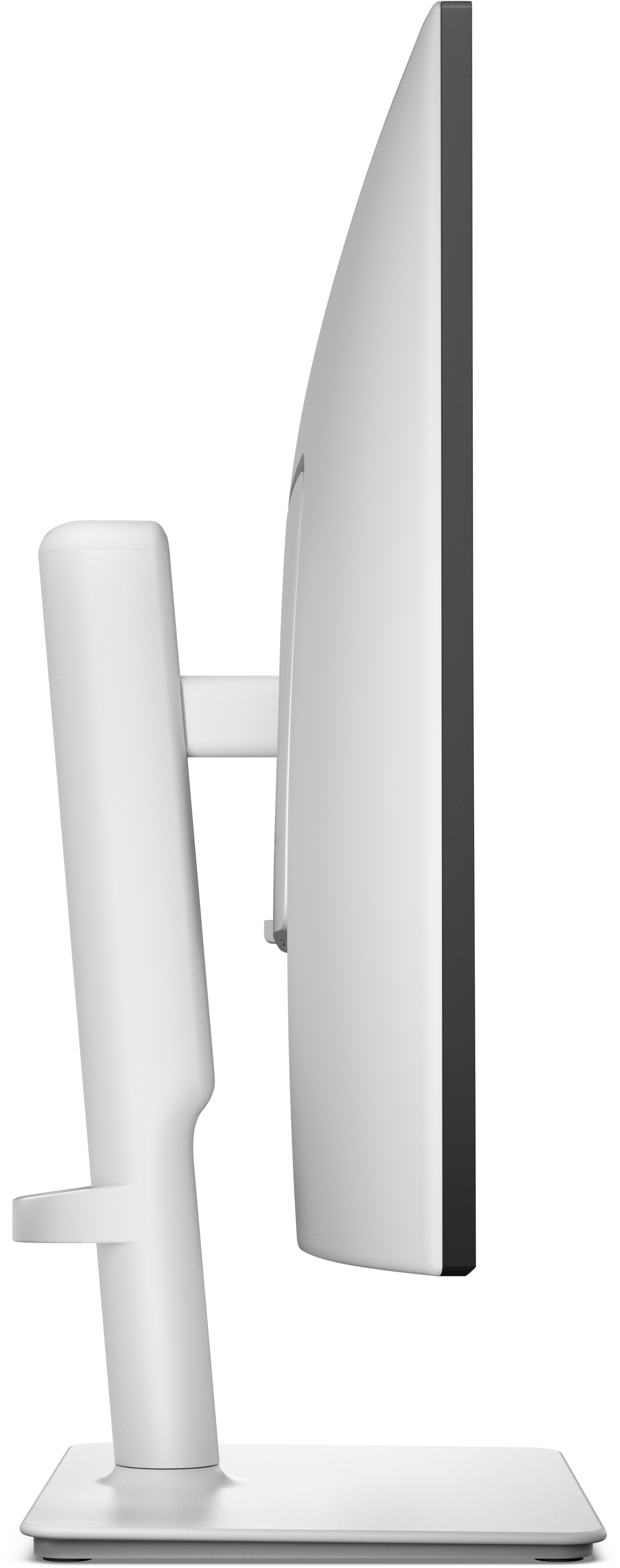 Biały monitor komputera widziany z boku, pokazujący krawędź ekranu i stojak na białym tle.