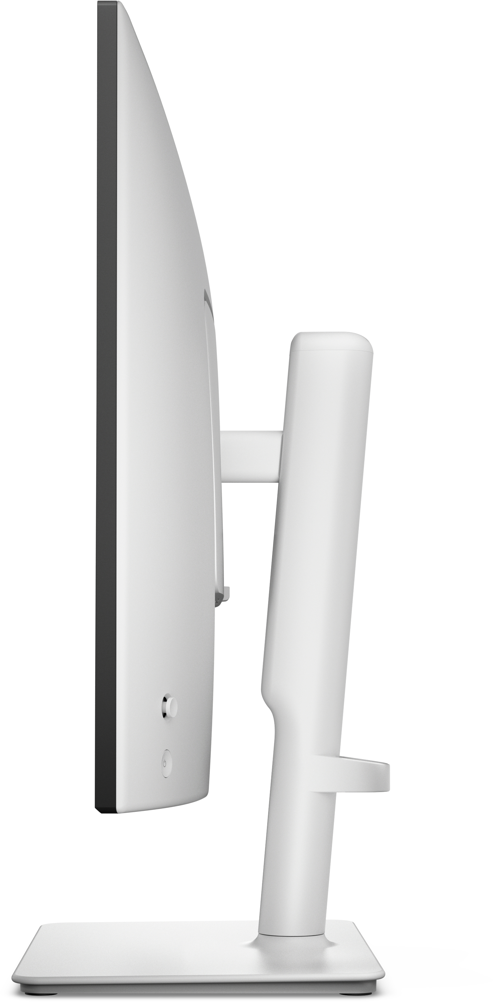 Widok z boku białego monitora komputera. Ekran jest czarny po lewej stronie. Stojak jest również biały.