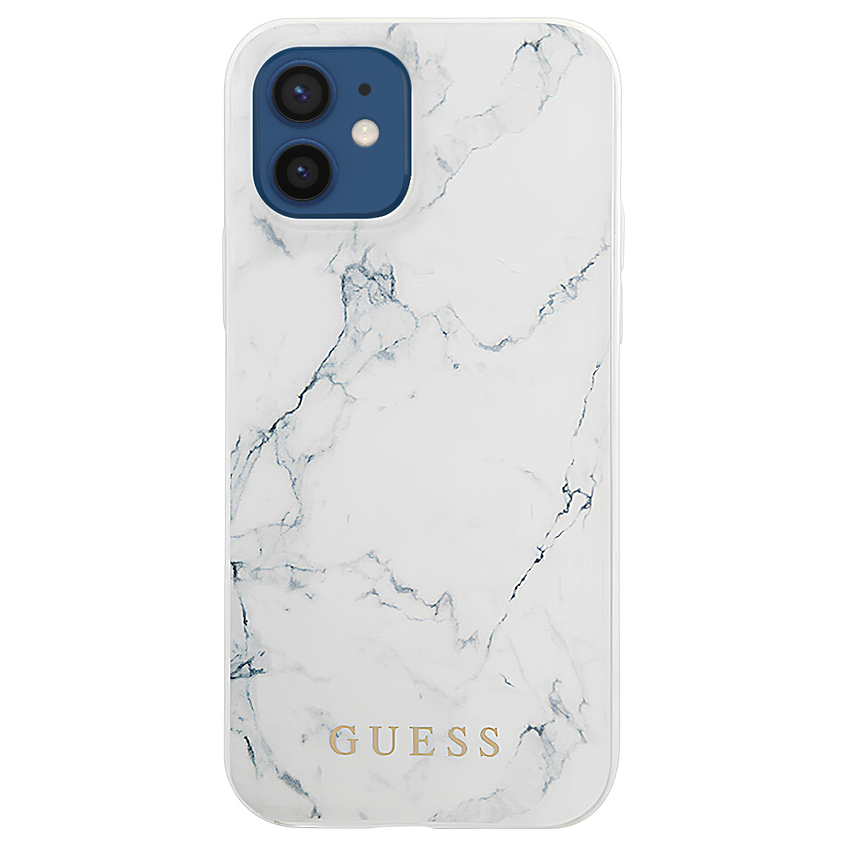 Una custodia per telefono in marmo bianco con una sezione fotocamera blu. La parola 'GUESS' è in basso in lettere dorate.
