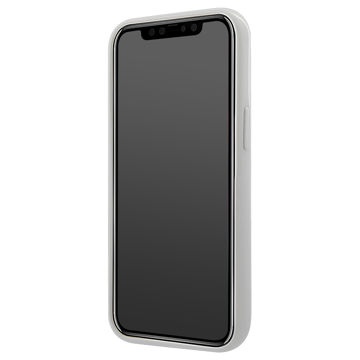 Ein Smartphone in einem weißen Gehäuse mit schwarzem Bildschirm vor weißem Hintergrund.