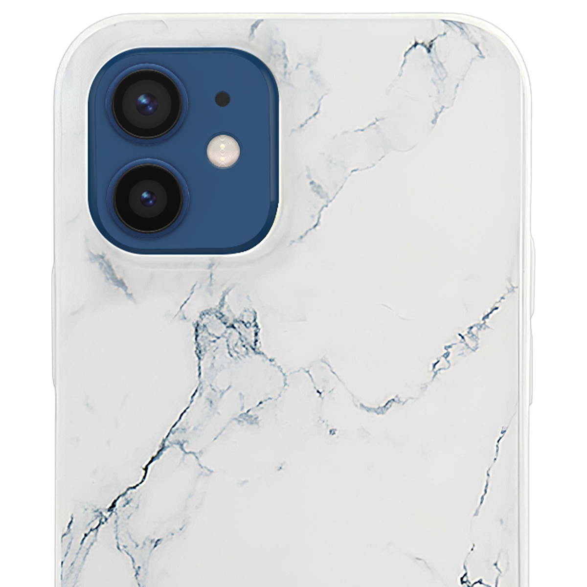 Primo piano di una custodia per telefono in marmo bianco con modulo fotocamera blu. La custodia ha un motivo marmorizzato con venature blu.