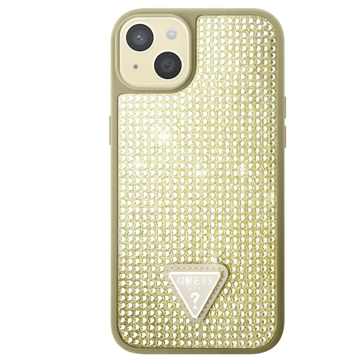 Una custodia per iPhone con retro dorato scintillante. Ha il logo Guess e un rialzo per la fotocamera nell'angolo in alto a sinistra.