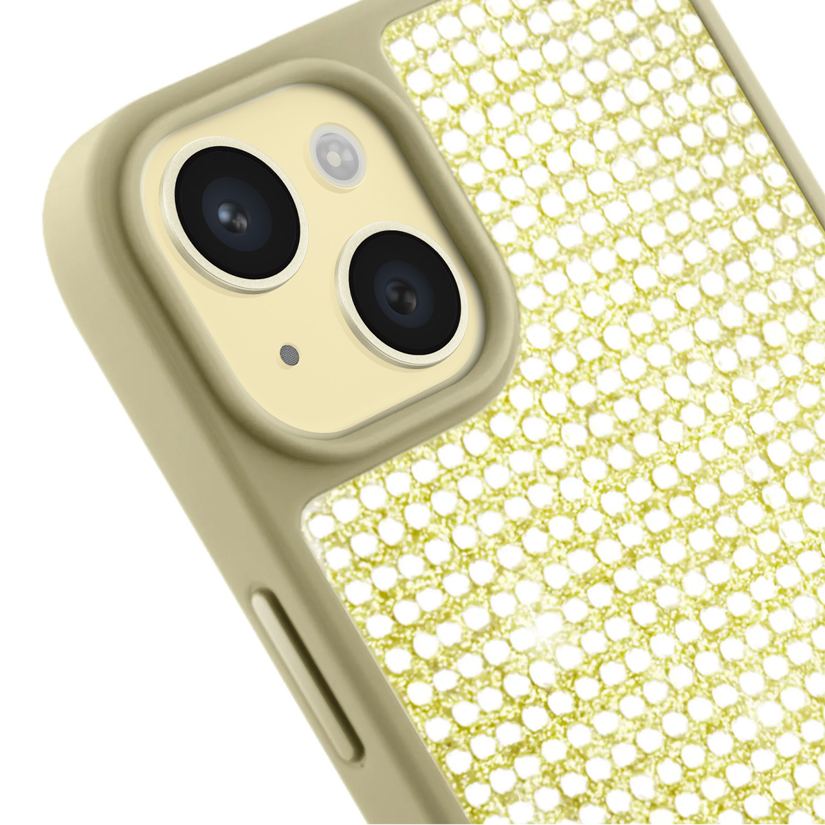 Primo piano di una custodia per telefono. Ha un rigonfiamento della fotocamera con due lenti nere. La custodia è verde oliva con una superficie ricoperta di cristalli.