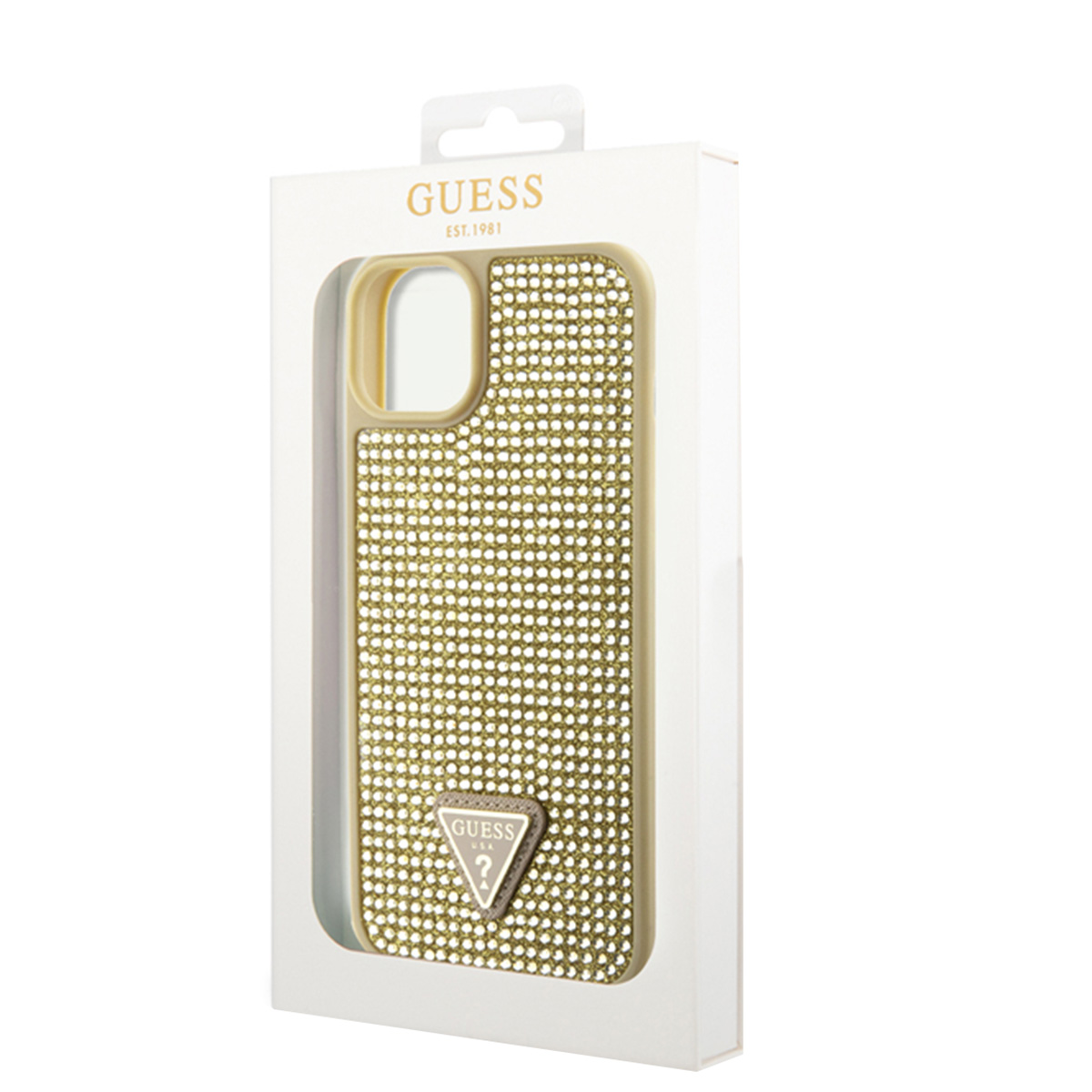 Una custodia per telefono Guess in una scatola bianca. La custodia è dorata, ricoperta di piccole gemme e ha un logo Guess.