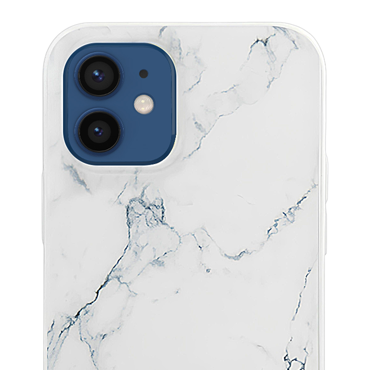 Nahaufnahme eines Telefons. Das Telefon hat eine weiße Marmor-Designhülle mit einem blauen Kameramodul.