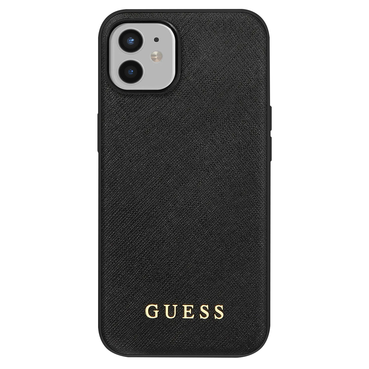 Una custodia nera con il logo Guess dorato in basso. La fotocamera del telefono è visibile in alto.