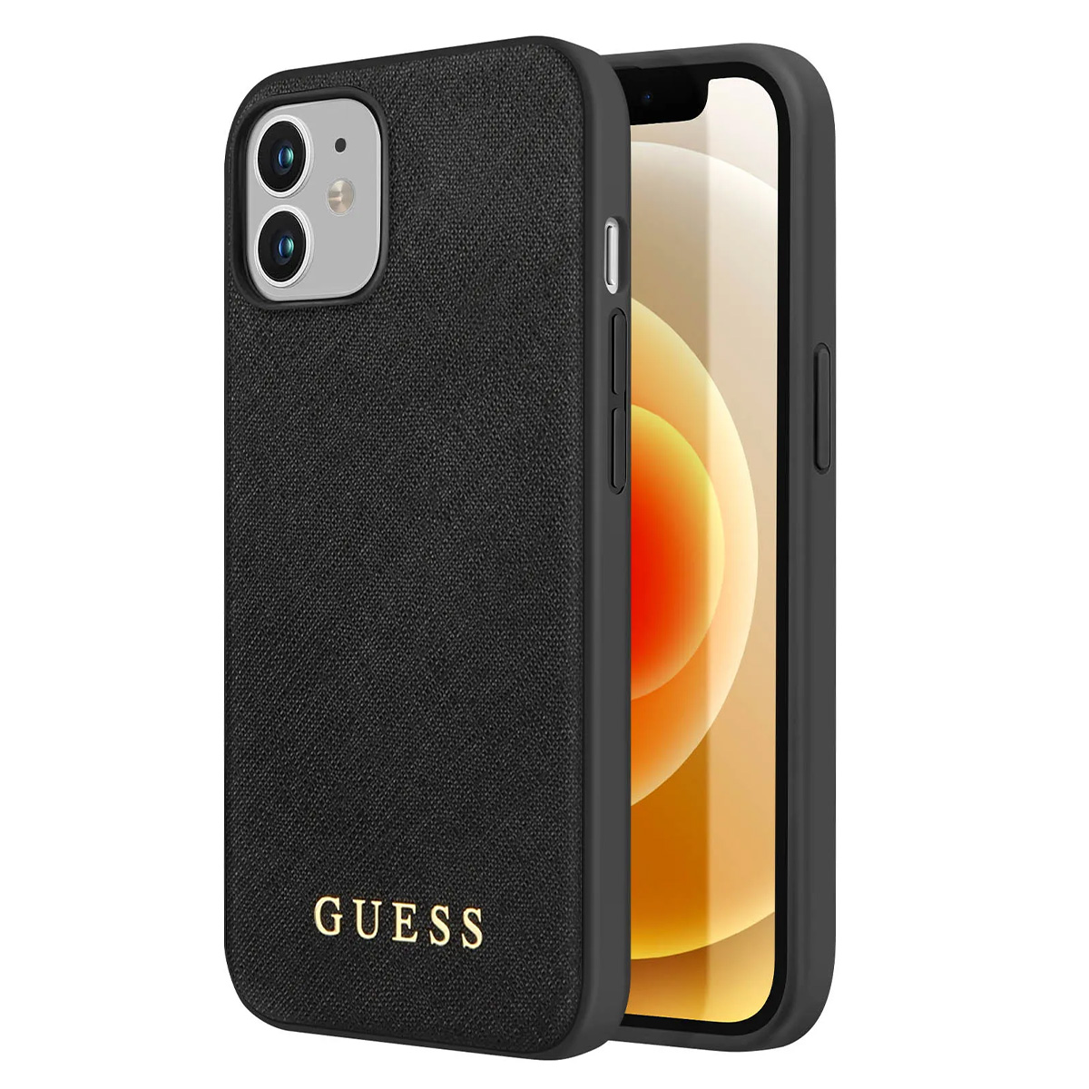 Custodia per telefono Guess nera con un telefono all'interno. La custodia ha il logo Guess. Lo schermo del telefono è visibile.