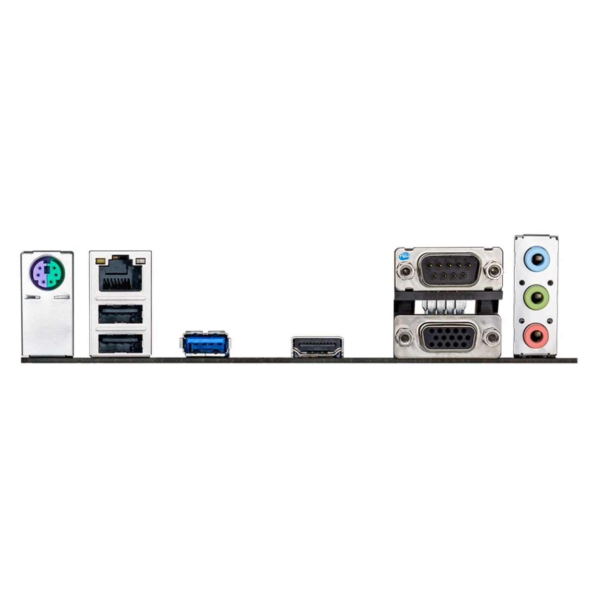 Pannello posteriore di una scheda madre del computer, con varie porte: USB, HDMI, jack audio e porte seriali.