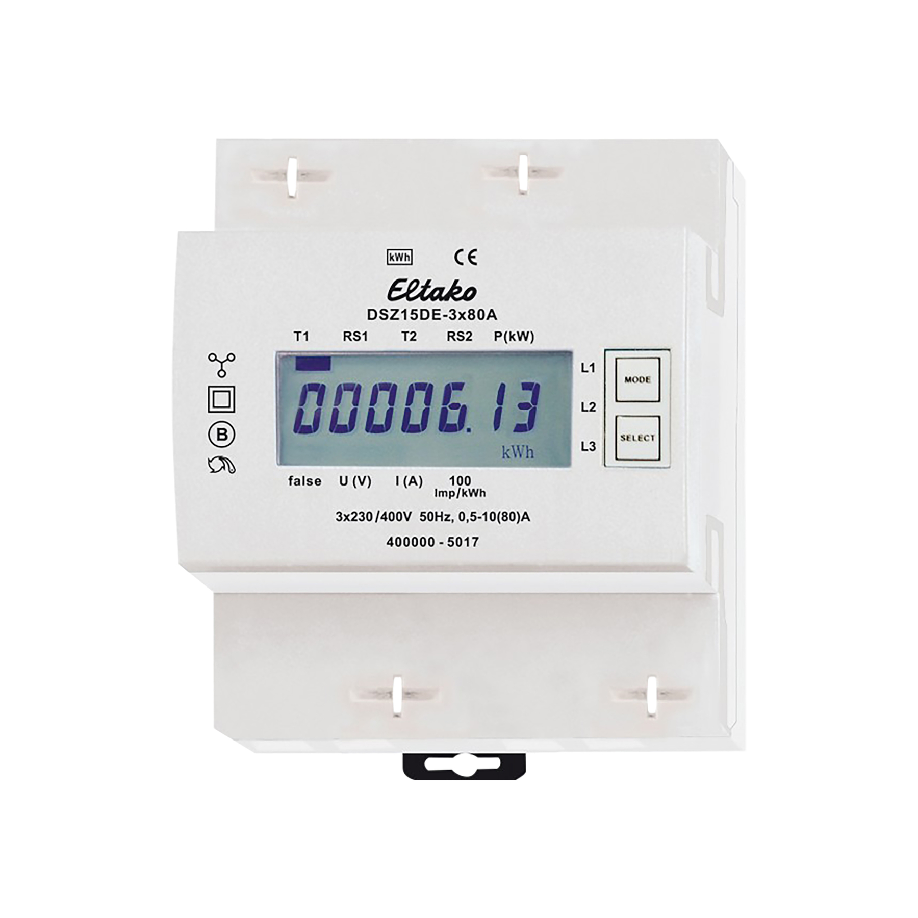 Ein weißer Eltako DSZ15DE-3x80A Energiezähler zeigt 00006,13 kWh an. Er hat ein digitales Display und Tasten für Modus und Auswahl.