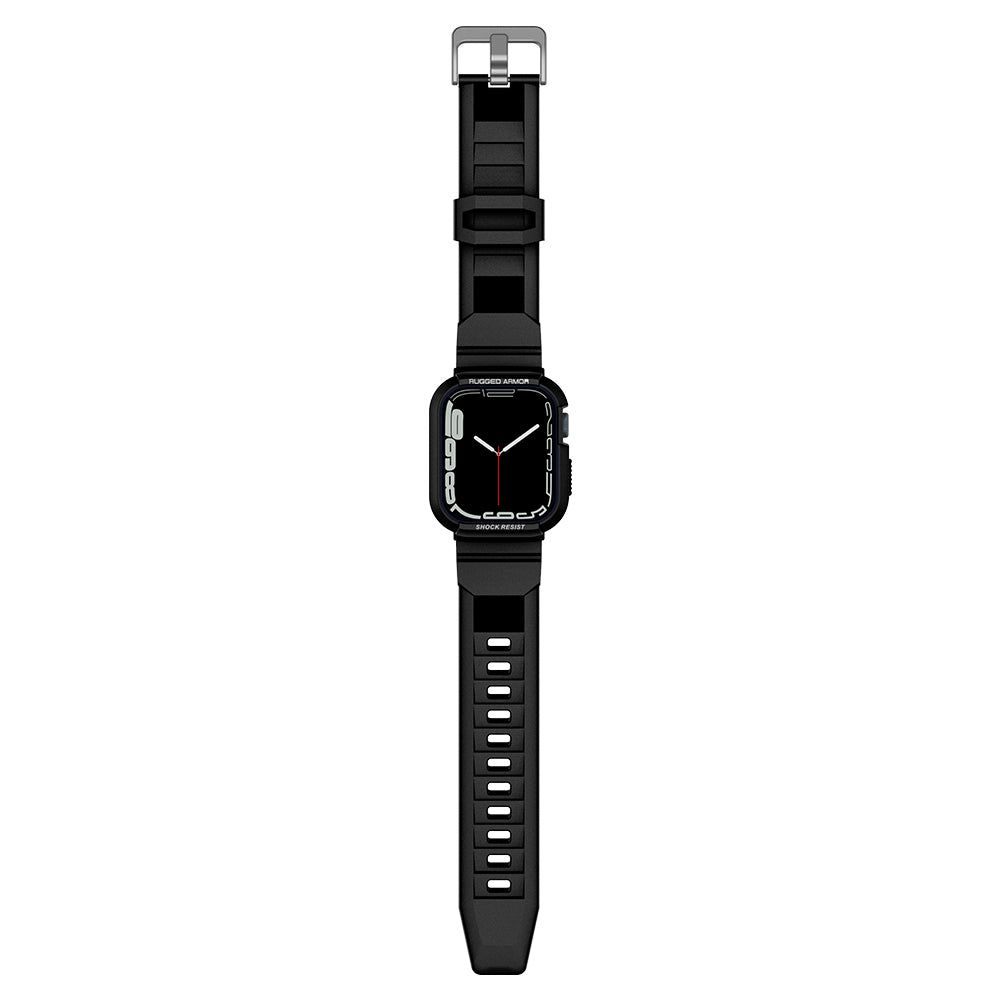 Czarny smartwatch z czarnym paskiem, srebrną klamrą i białym tłem. Zegarek wyświetla godzinę.