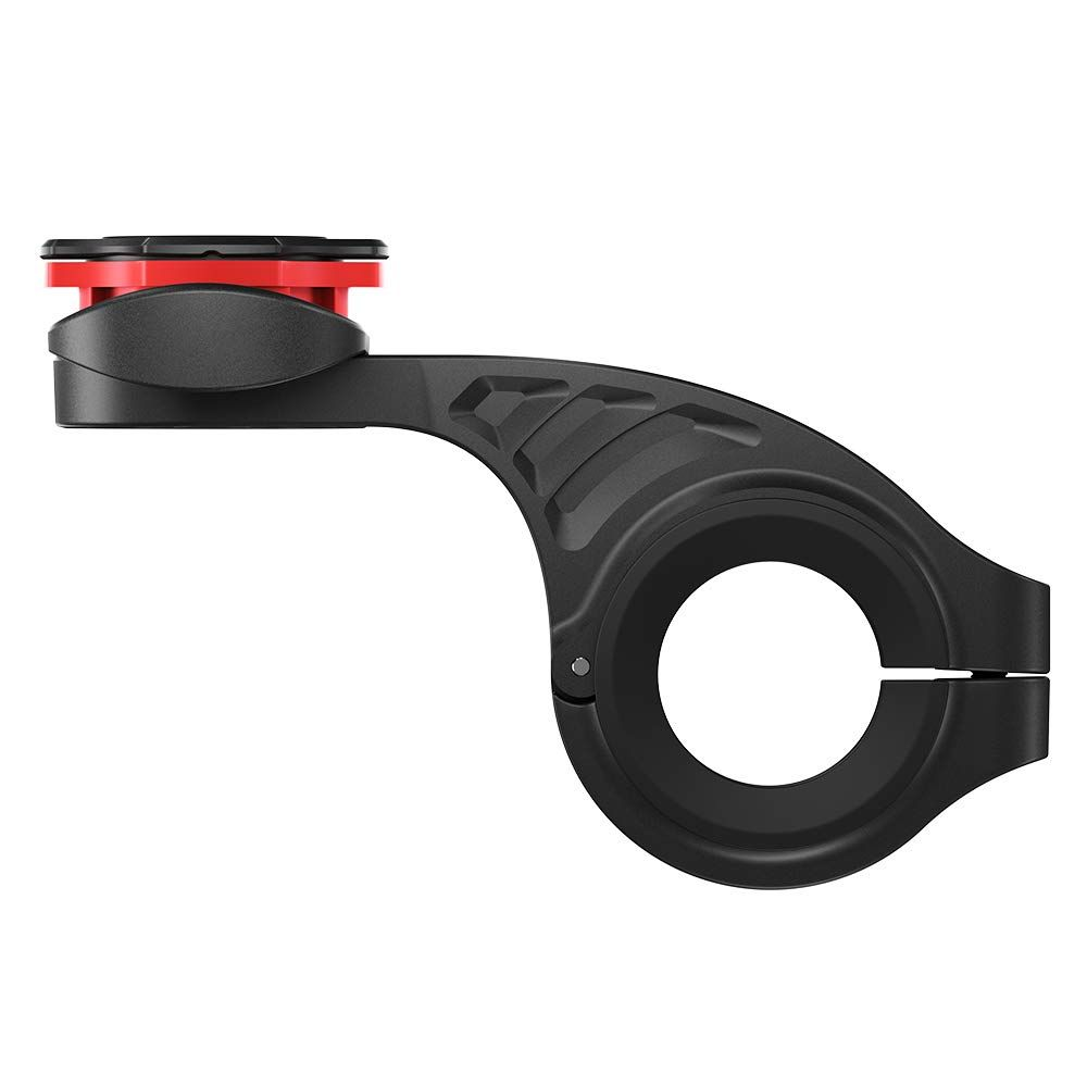 Soporte para teléfono de bicicleta negro y rojo. Tiene una abrazadera circular, un brazo y un soporte.