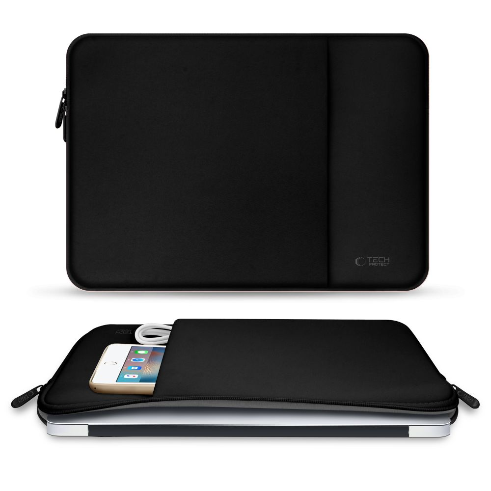 Zwarte laptoptas met ritssluiting. Binnenin zijn een laptop, telefoon en kabel zichtbaar. Bovenkant gesloten. Onderkant open.
