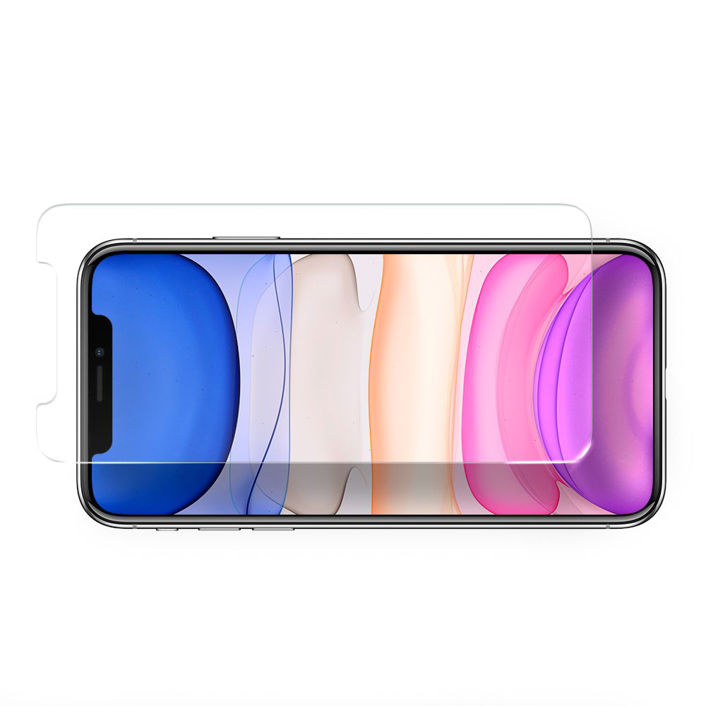 Een smartphone met een schermbeschermer erop. Het scherm toont een kleurrijke abstracte afbeelding met blauwe, oranje en roze tinten.